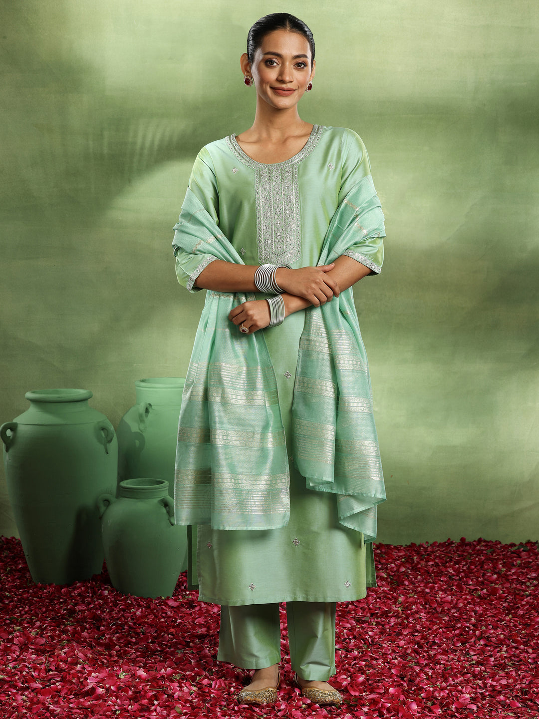  Green Embroidered Silk Blend Straight Suit With Dupatta 