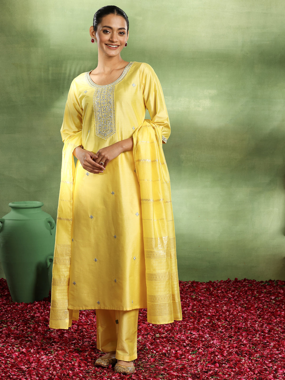  Yellow Embroidered Silk Blend Straight Suit With Dupatta 