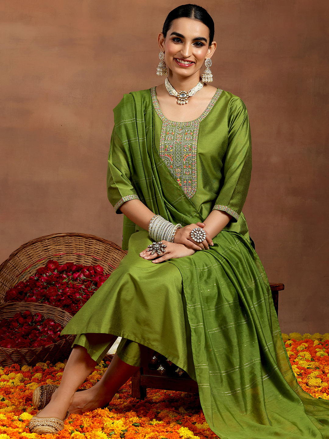  Green Yoke Design Silk Blend Straight Suit With Dupatta 