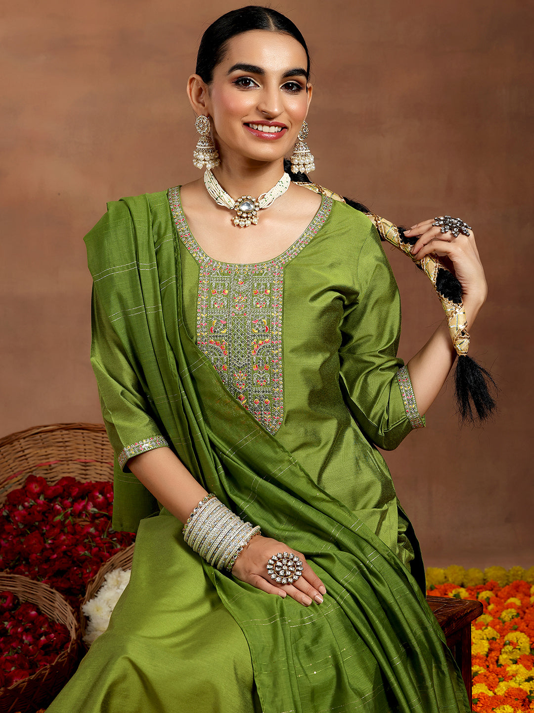  Green Yoke Design Silk Blend Straight Suit With Dupatta 