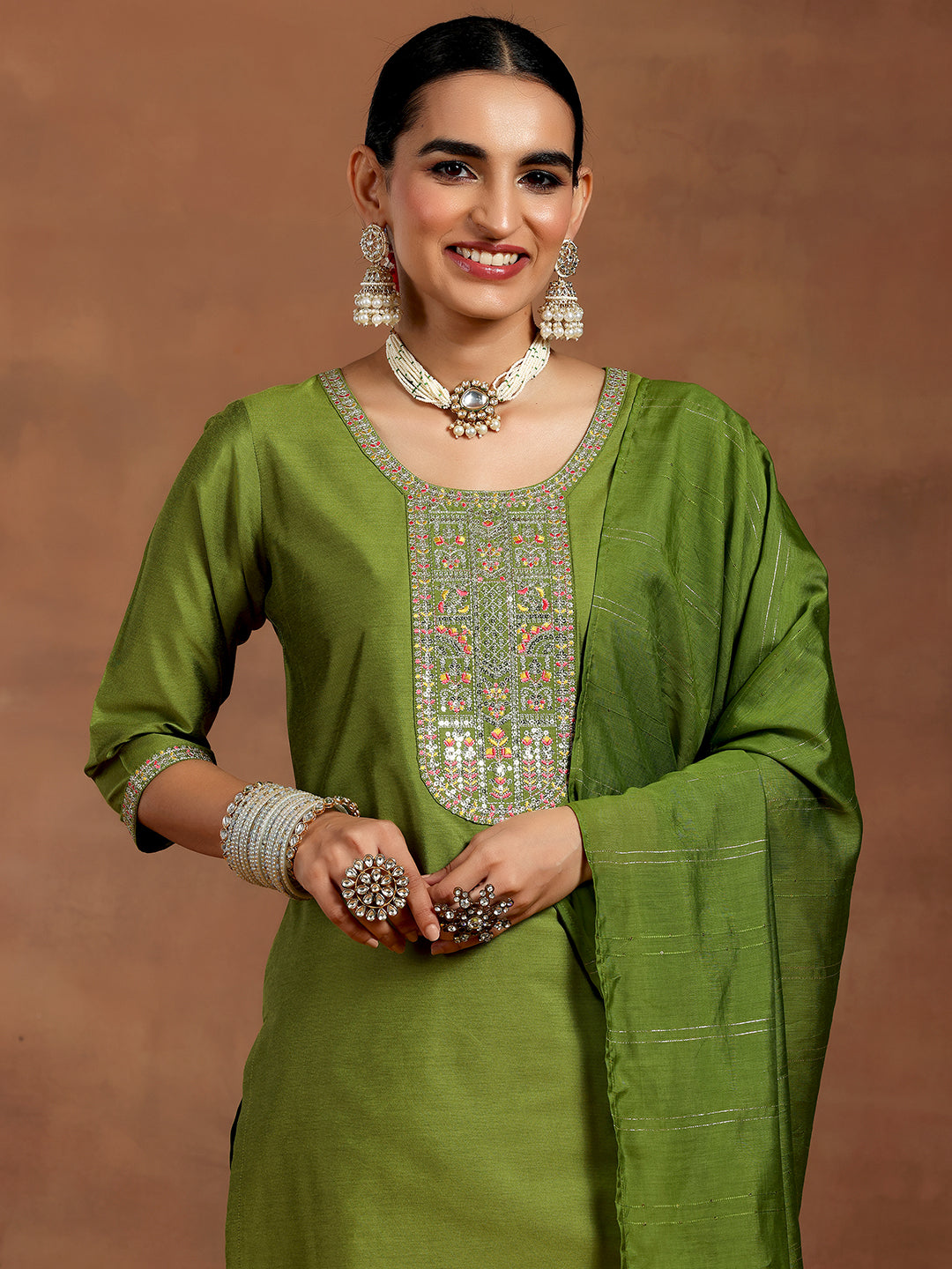  Green Yoke Design Silk Blend Straight Suit With Dupatta 