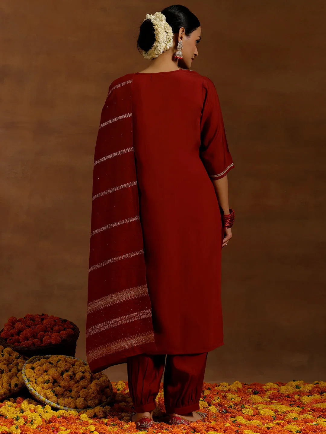  Maroon Yoke Design Silk Blend Straight Suit With Dupatta 