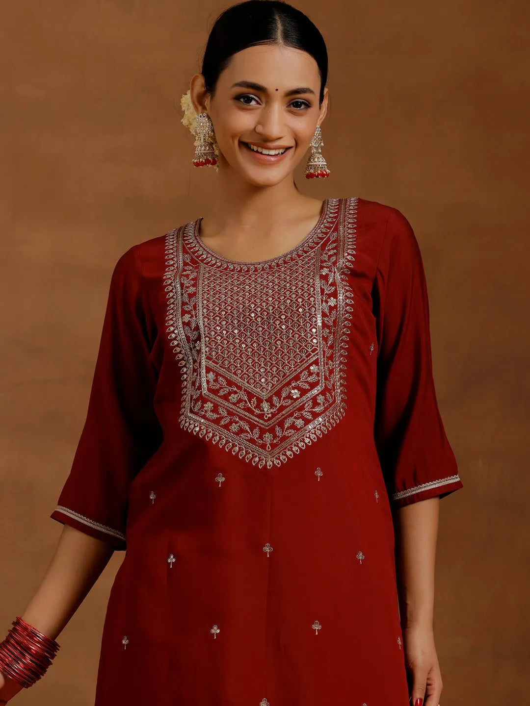  Maroon Yoke Design Silk Blend Straight Suit With Dupatta 