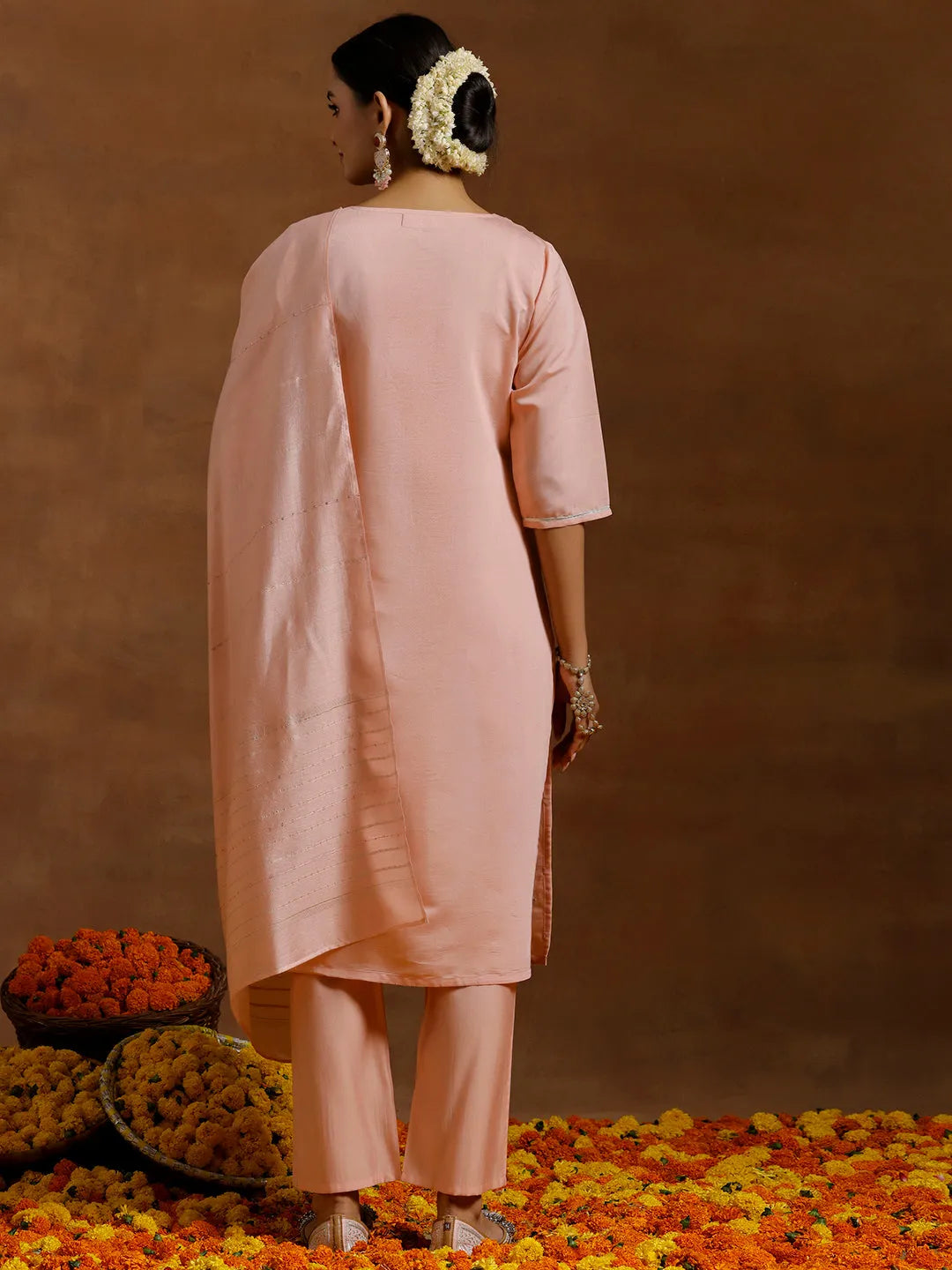  Peach Yoke Design Silk Blend Straight Suit With Dupatta 