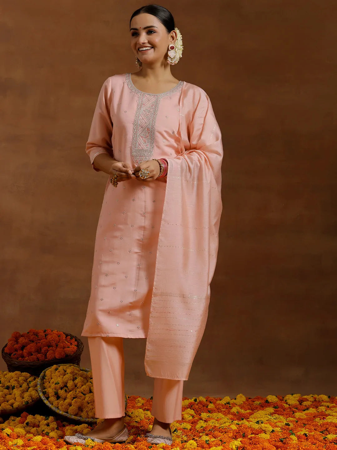  Peach Yoke Design Silk Blend Straight Suit With Dupatta 