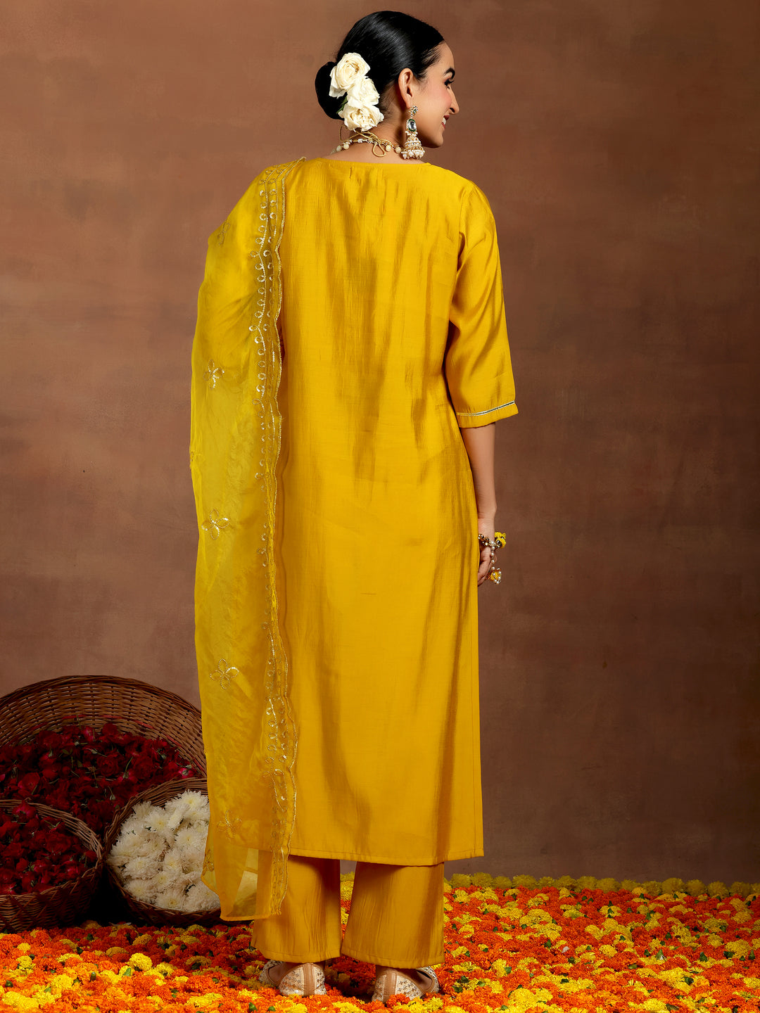  Mustard Yoke Design Silk Blend Straight Suit With Dupatta 