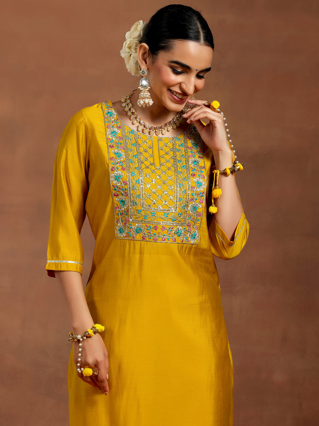  Mustard Yoke Design Silk Blend Straight Suit With Dupatta 