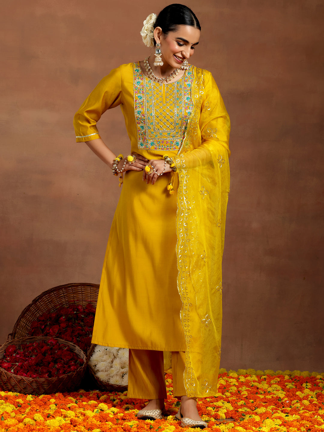 Mustard Yoke Design Silk Blend Straight Suit With Dupatta