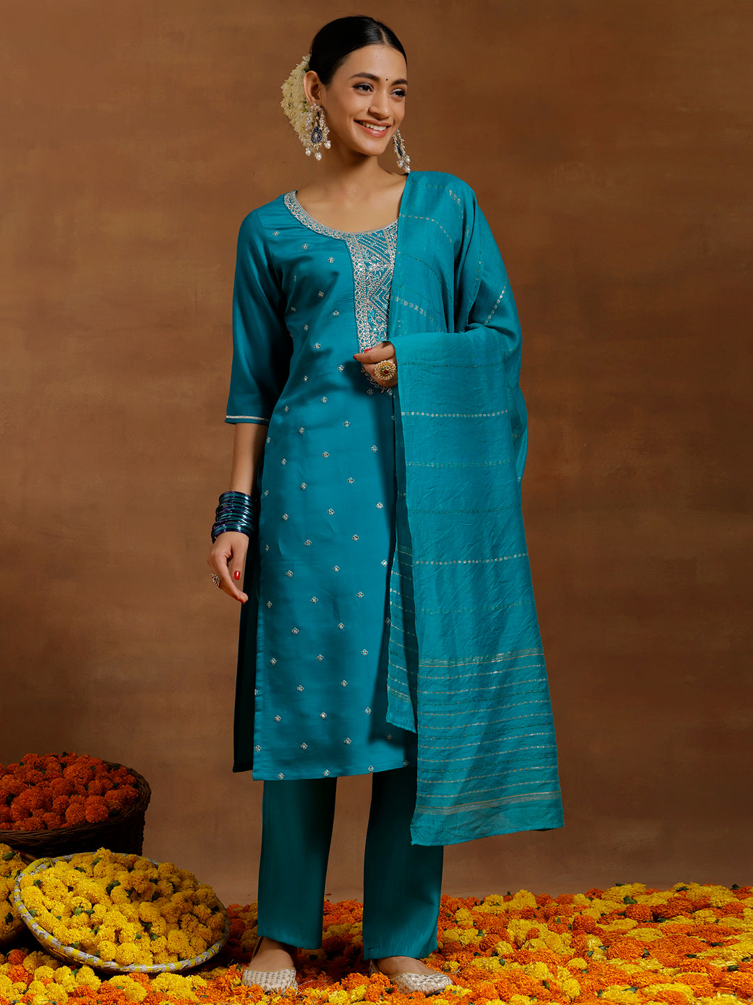 Green Yoke Design Silk Blend Straight Suit With Dupatta