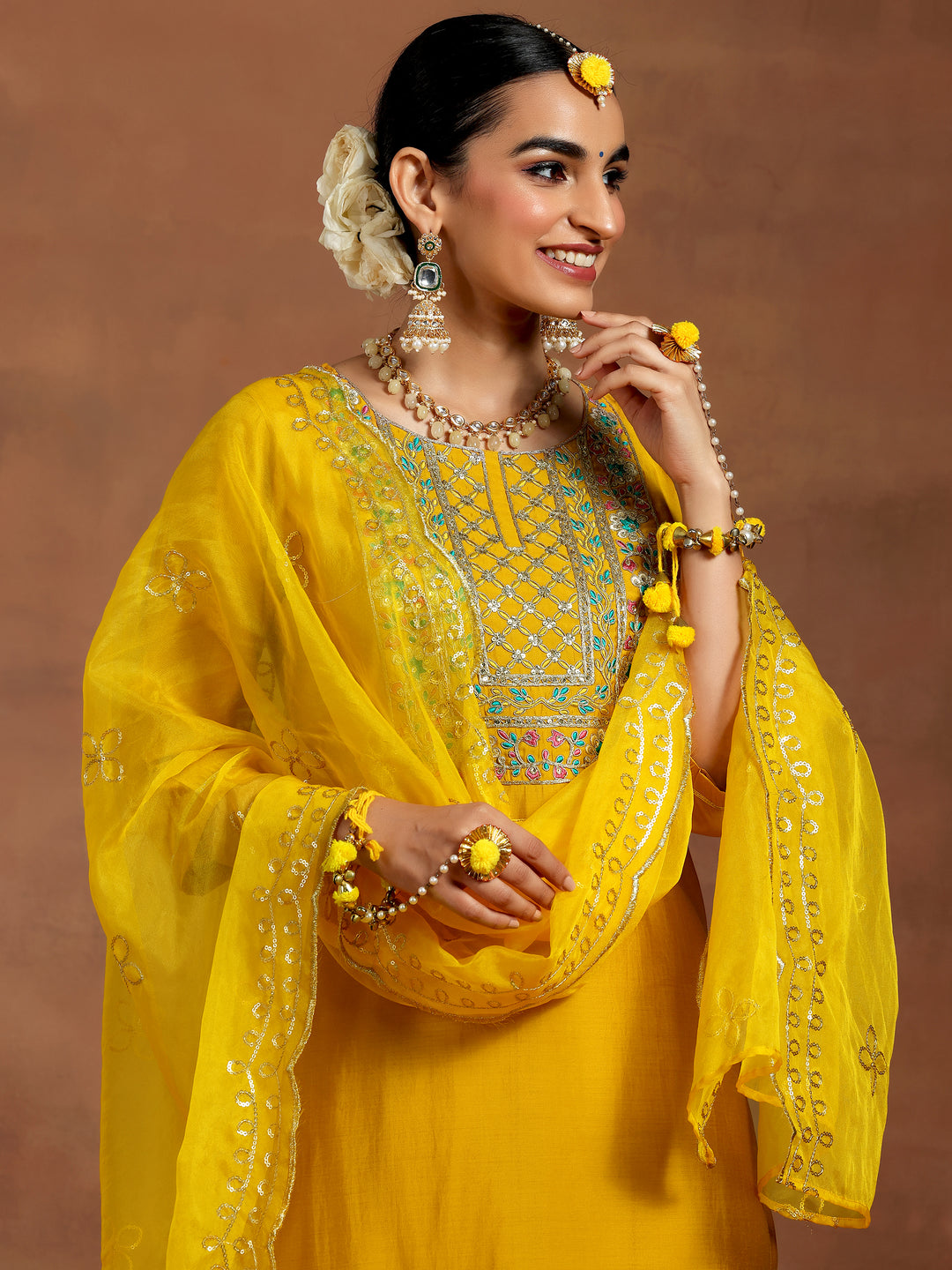  Mustard Yoke Design Silk Blend Straight Suit With Dupatta 