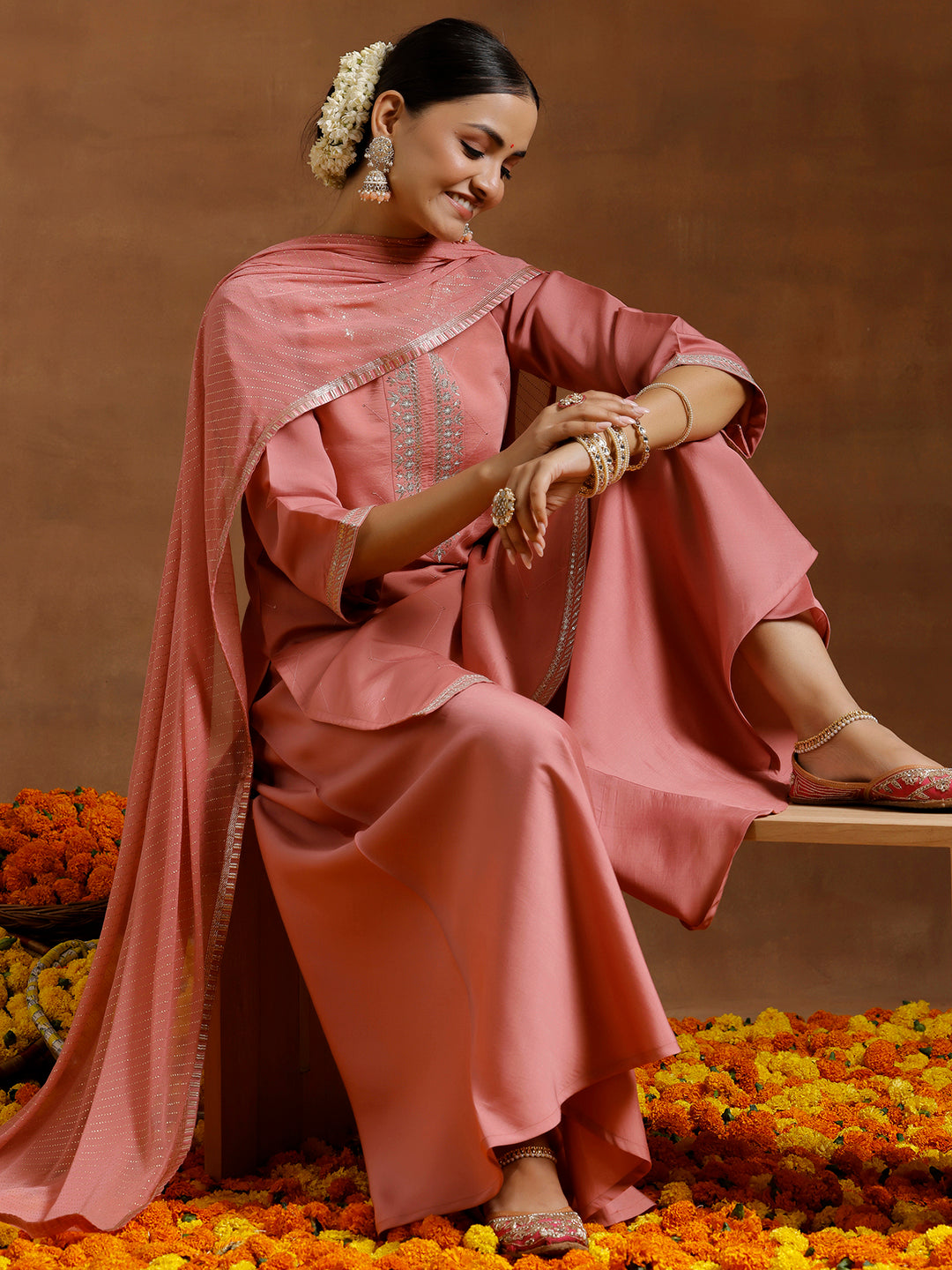 Peach Yoke Design Silk Blend Straight Suit With Dupatta