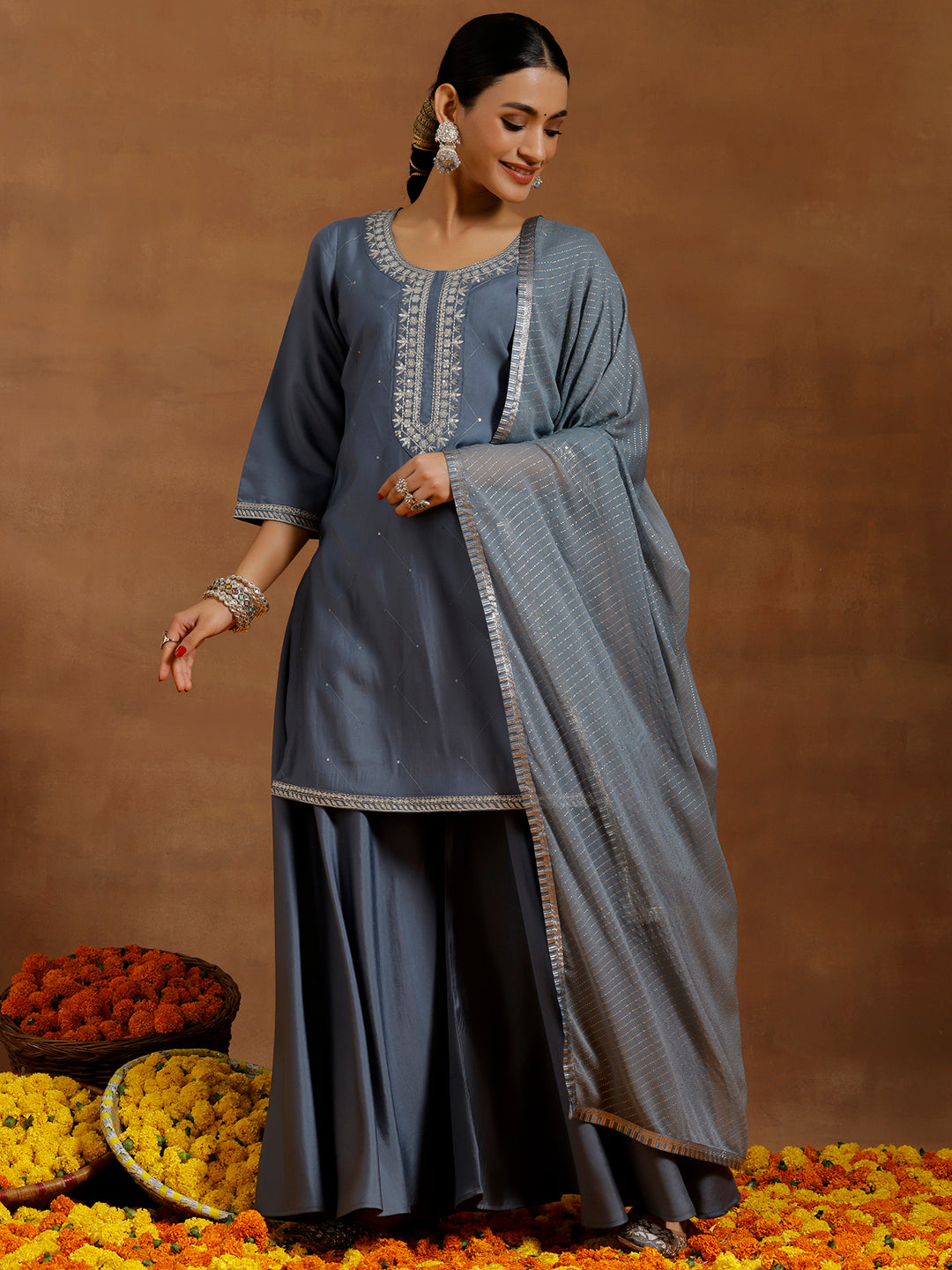 Grey Yoke Design Silk Blend Straight Suit With Dupatta