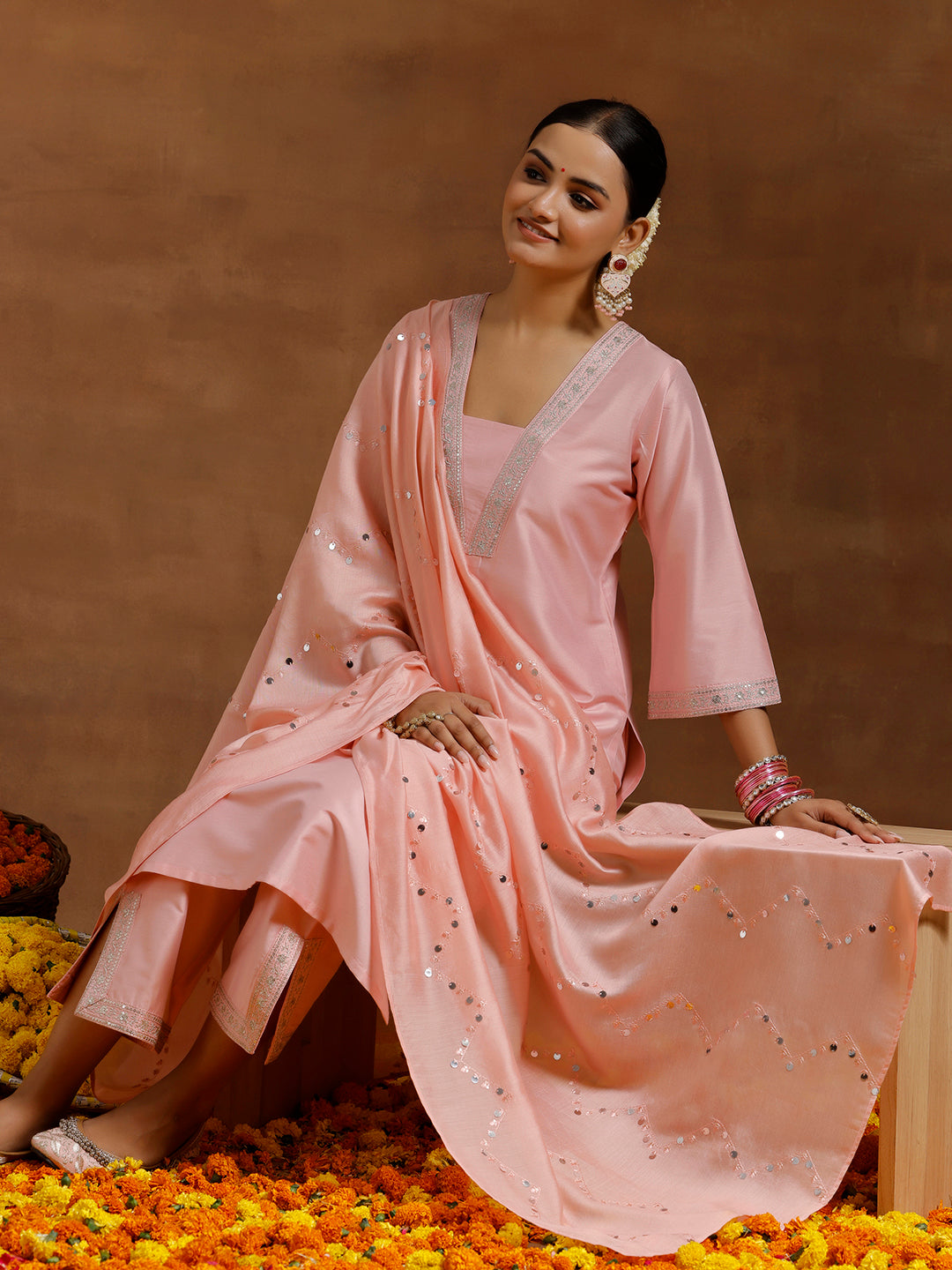  Peach Yoke Design Silk Blend Straight Suit With Dupatta 