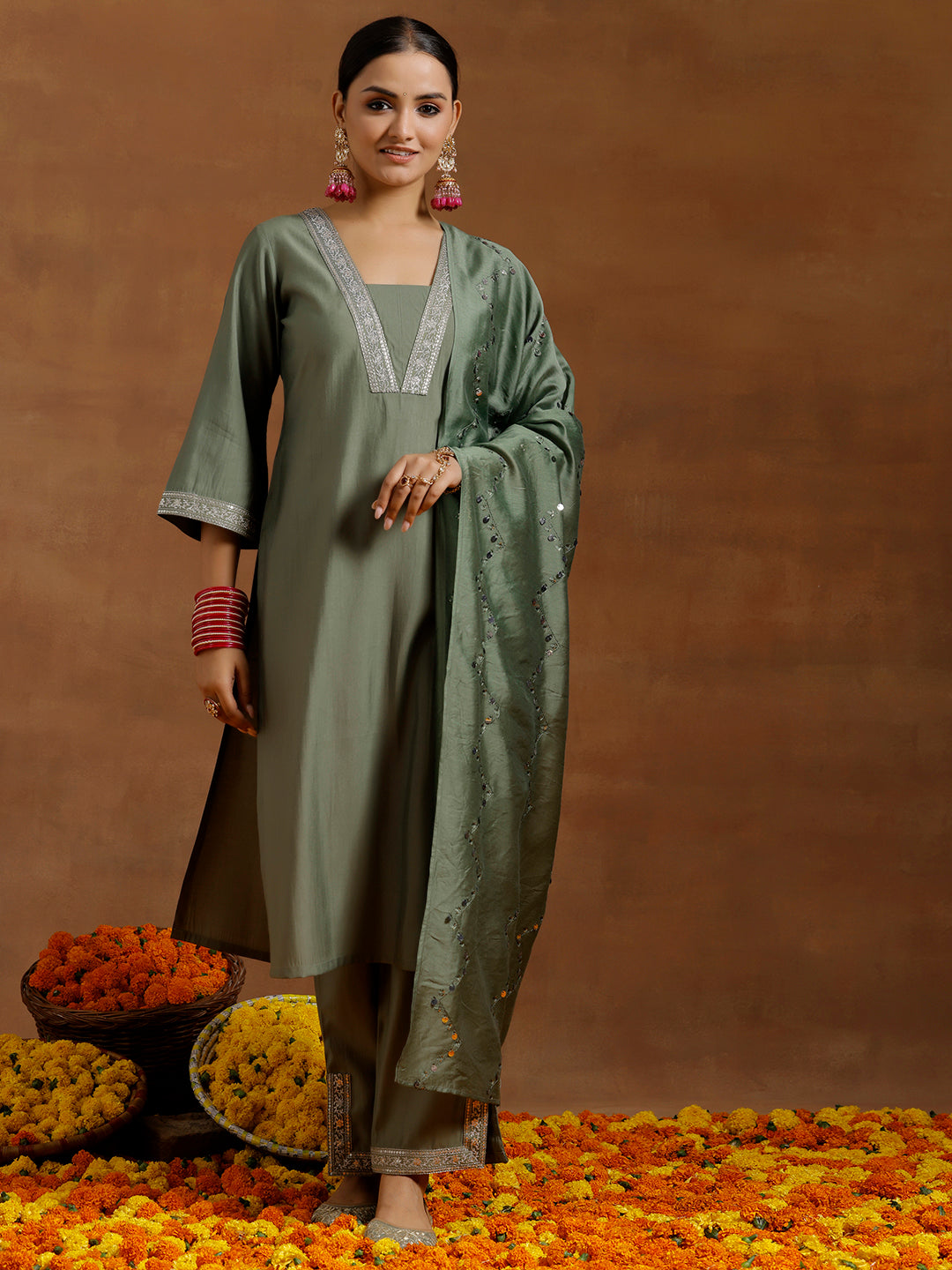  Olive Yoke Design Silk Blend Straight Suit With Dupatta 