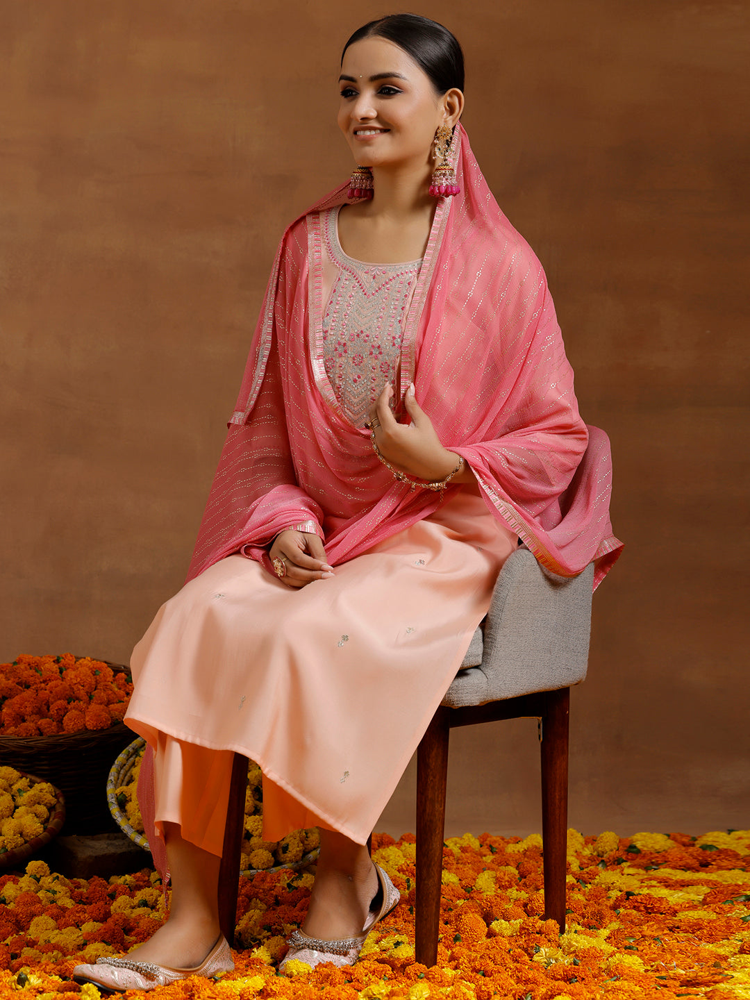  Peach Yoke Design Silk Blend Straight Suit With Dupatta 