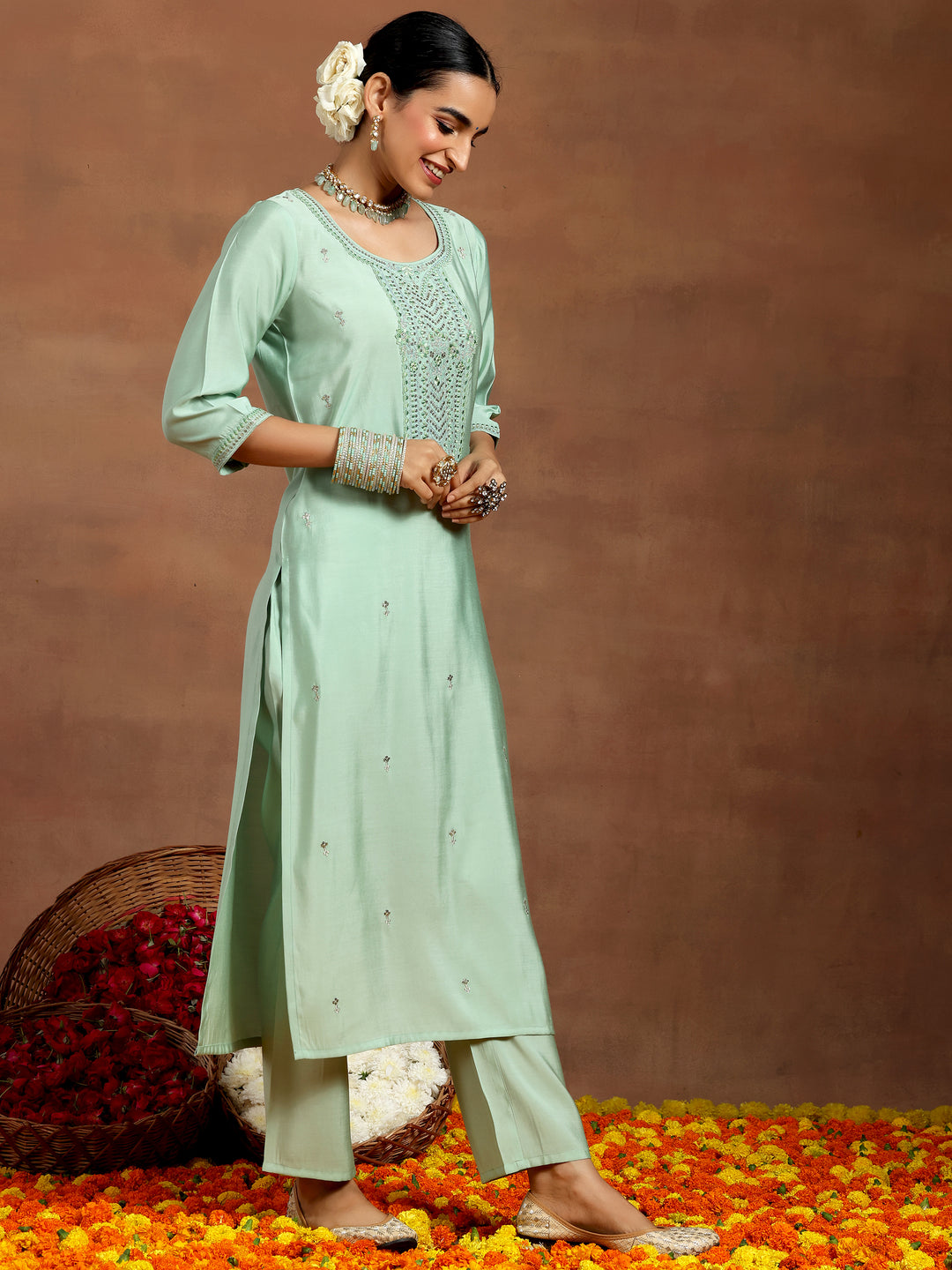  Sea Green Yoke Design Silk Blend Straight Suit With Dupatta 