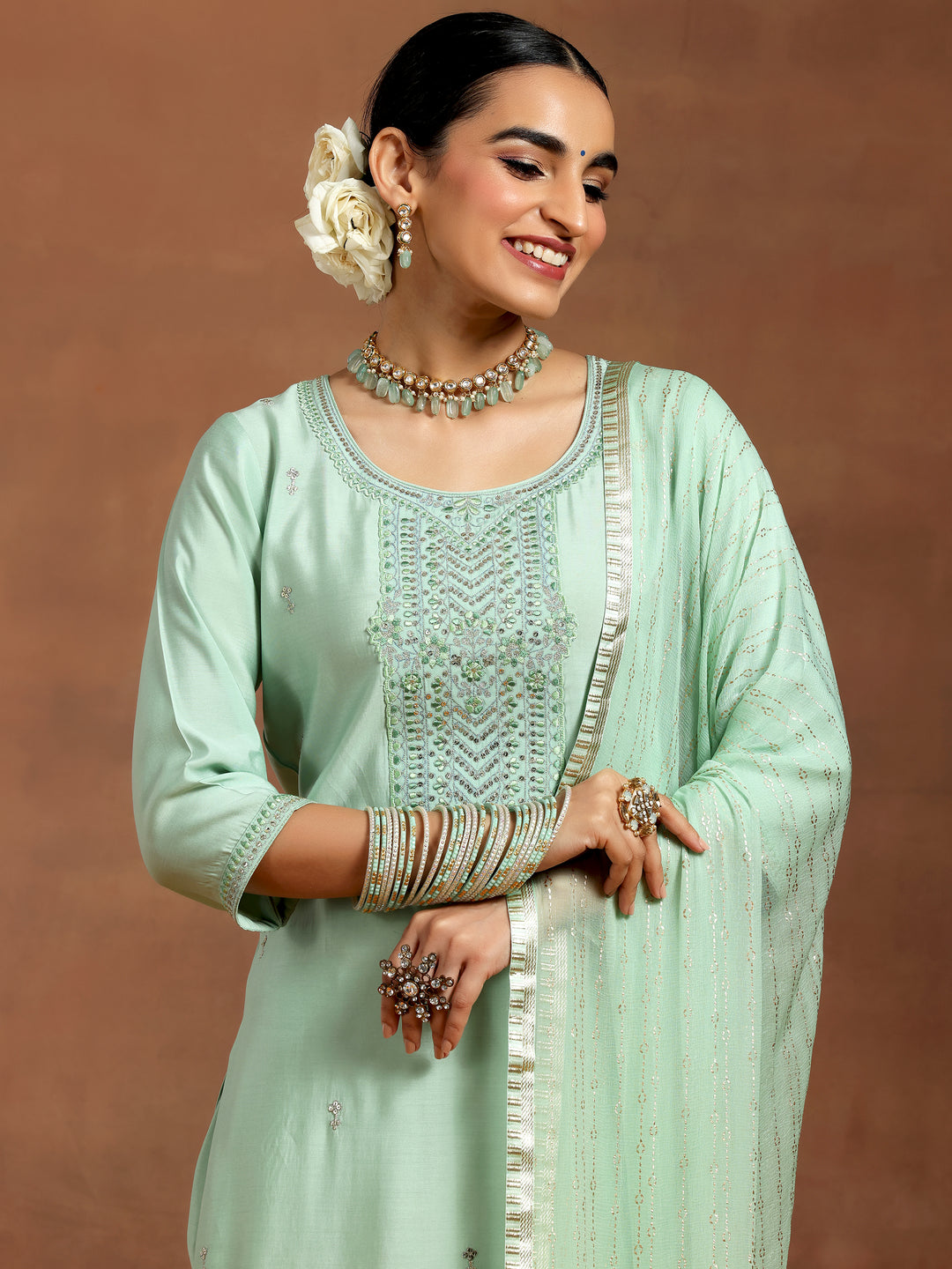  Sea Green Yoke Design Silk Blend Straight Suit With Dupatta 