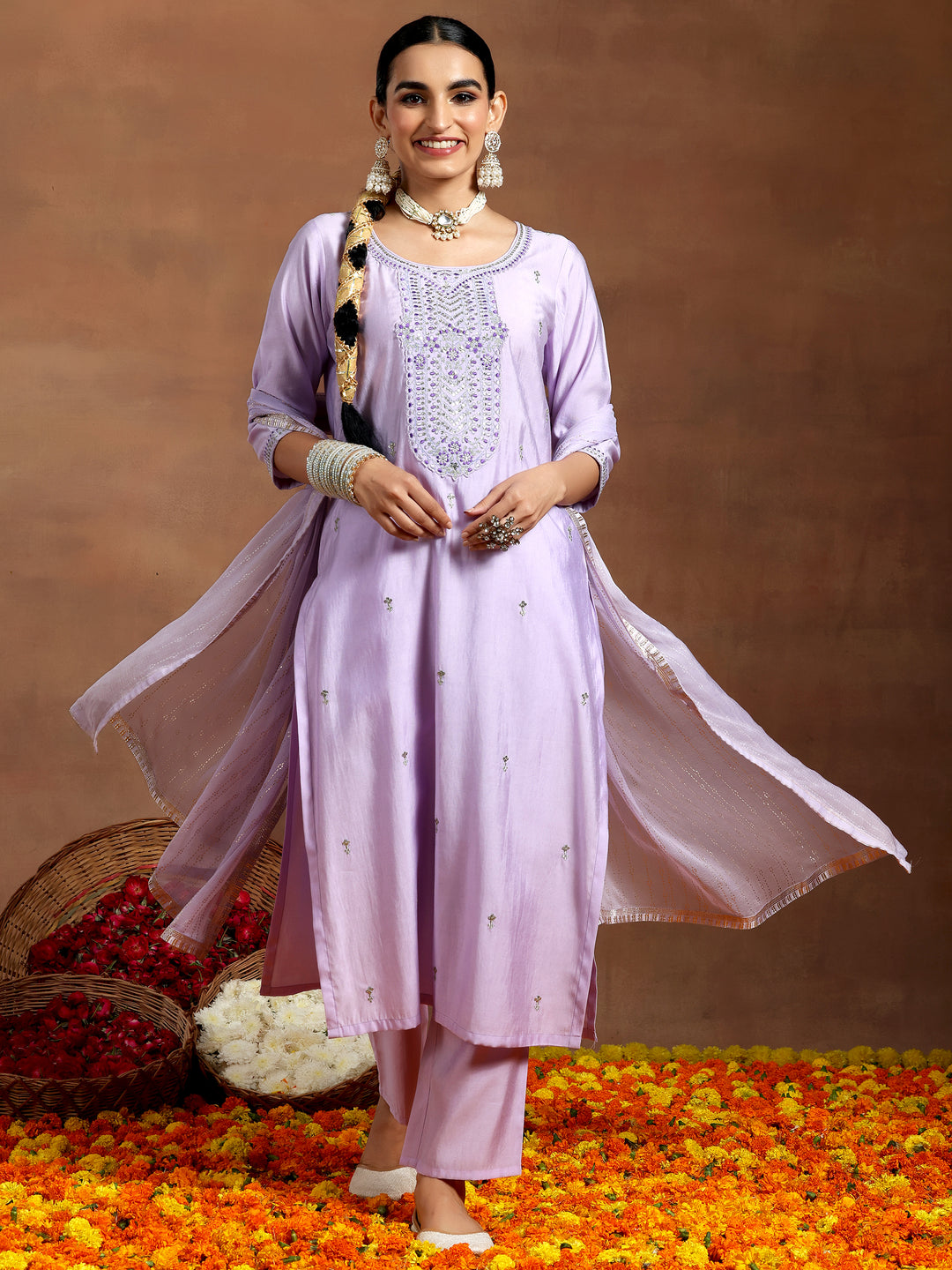  Lavender Embroidered Silk Blend Straight Suit With Dupatta 