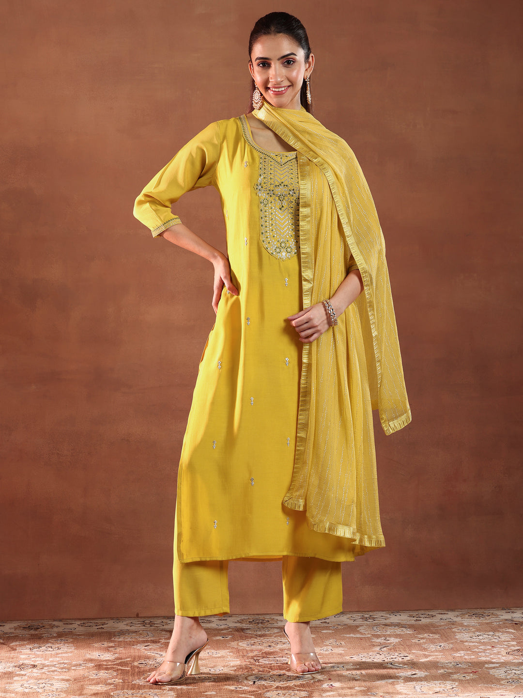  Yellow Yoke Design Silk Blend Straight Suit With Dupatta 