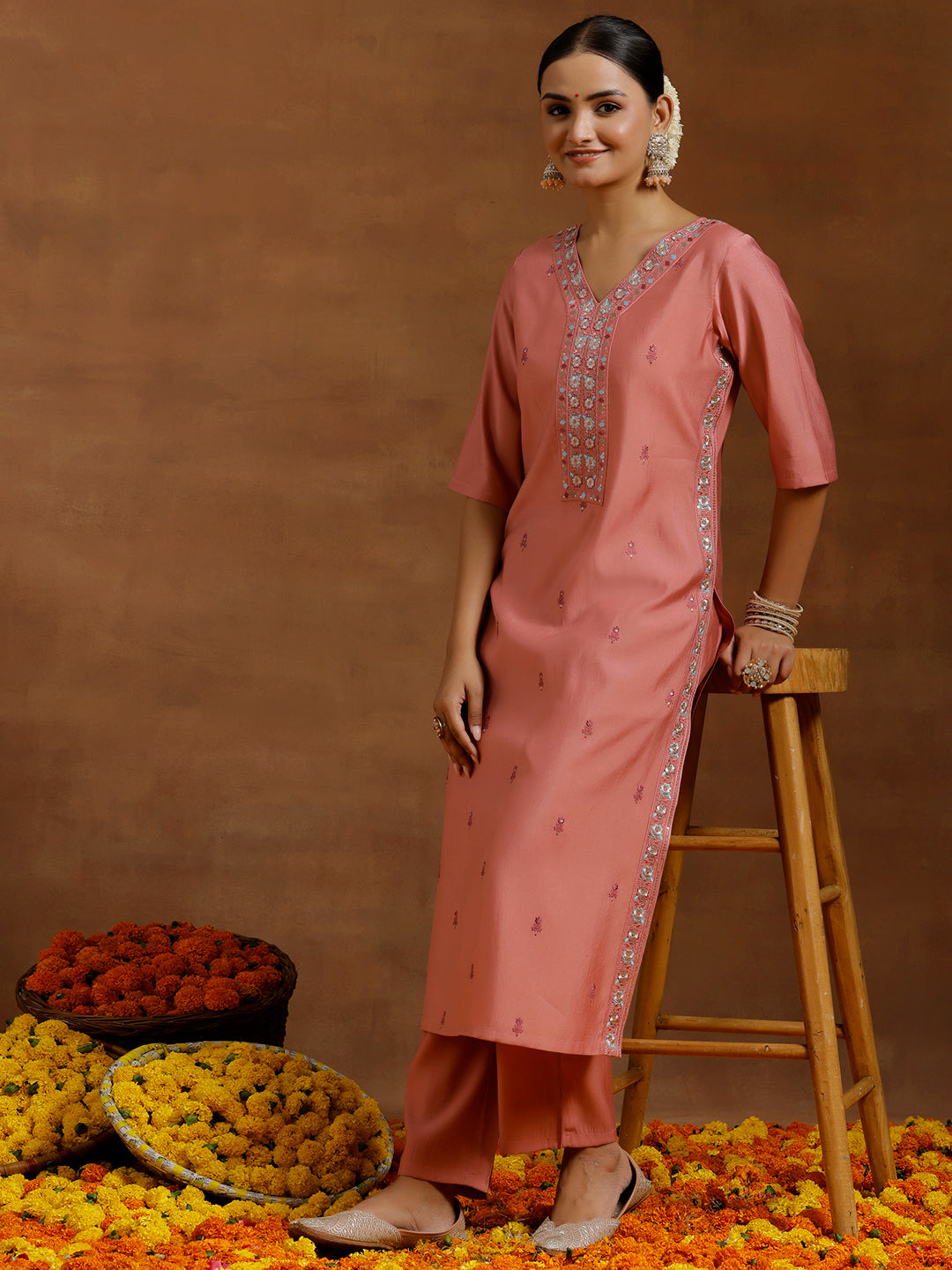  Peach Embroidered Silk Blend Straight Kurta Set 