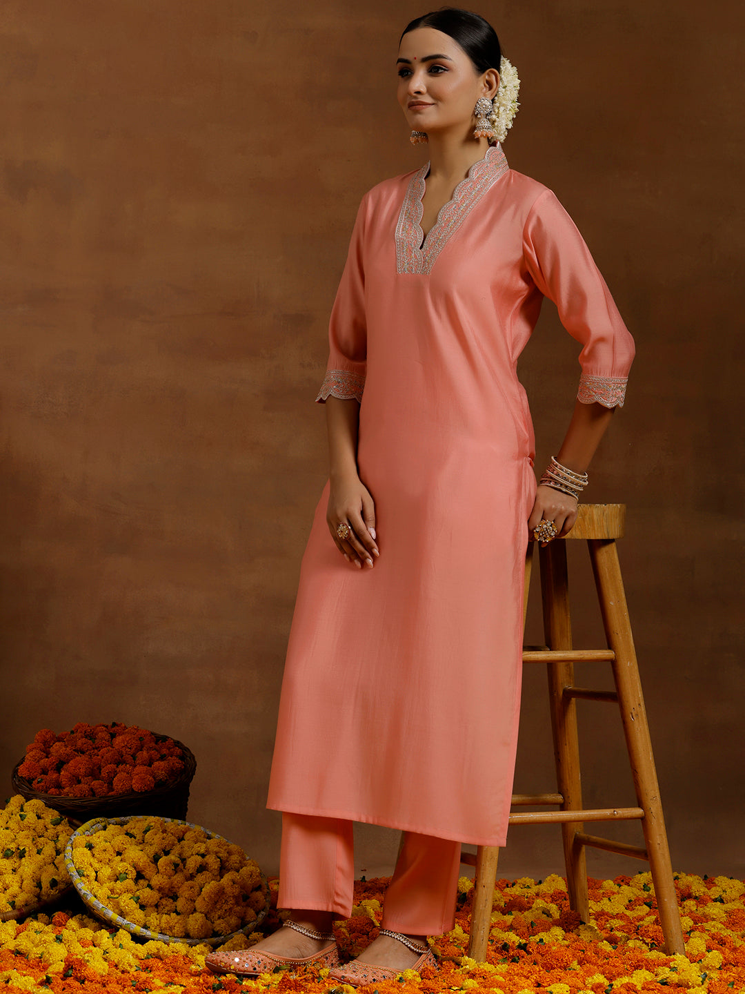  Peach Embroidered Silk Blend Straight Kurta Set 