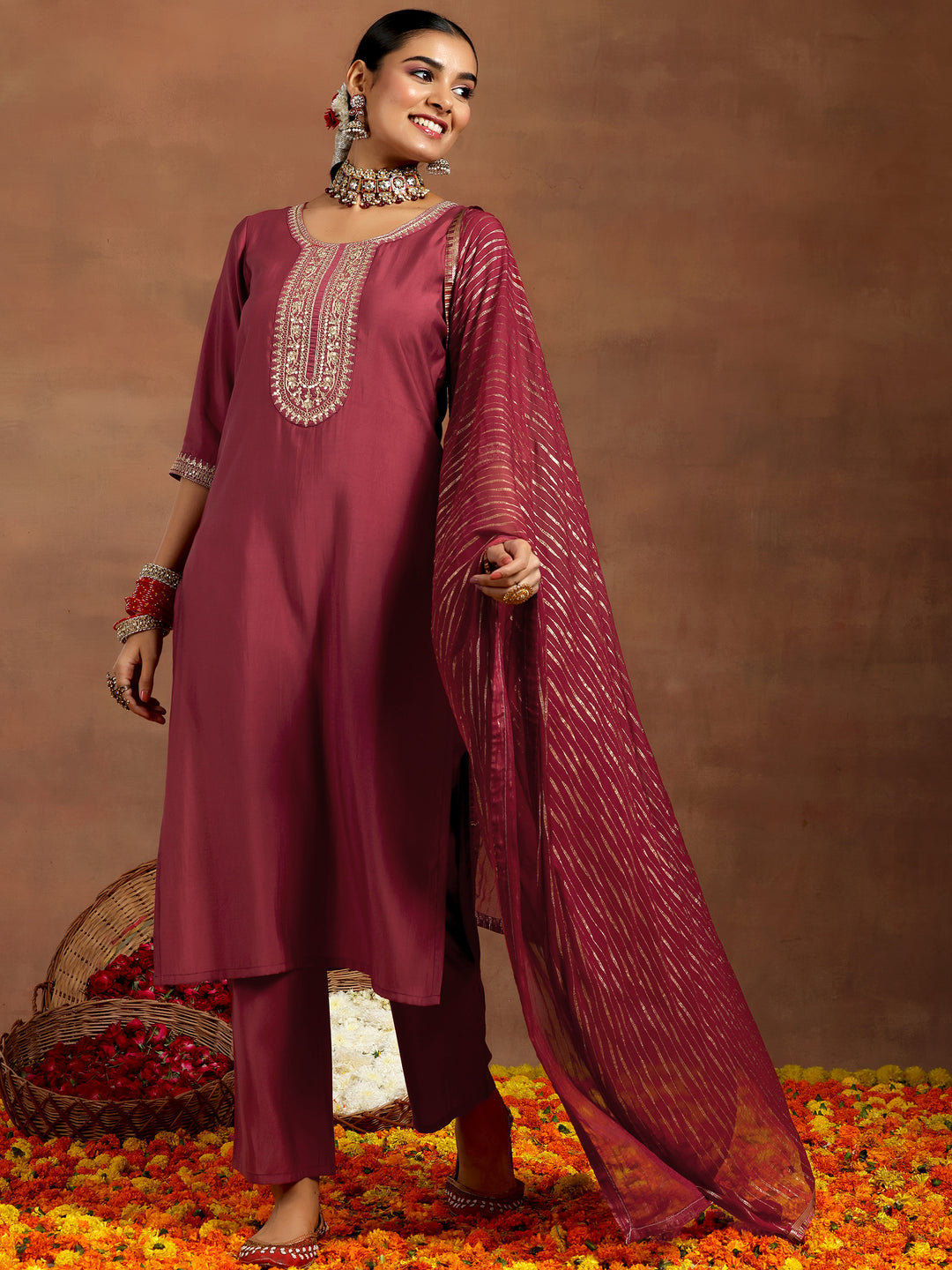  Rust Yoke Design Silk Blend Straight Suit With Dupatta 