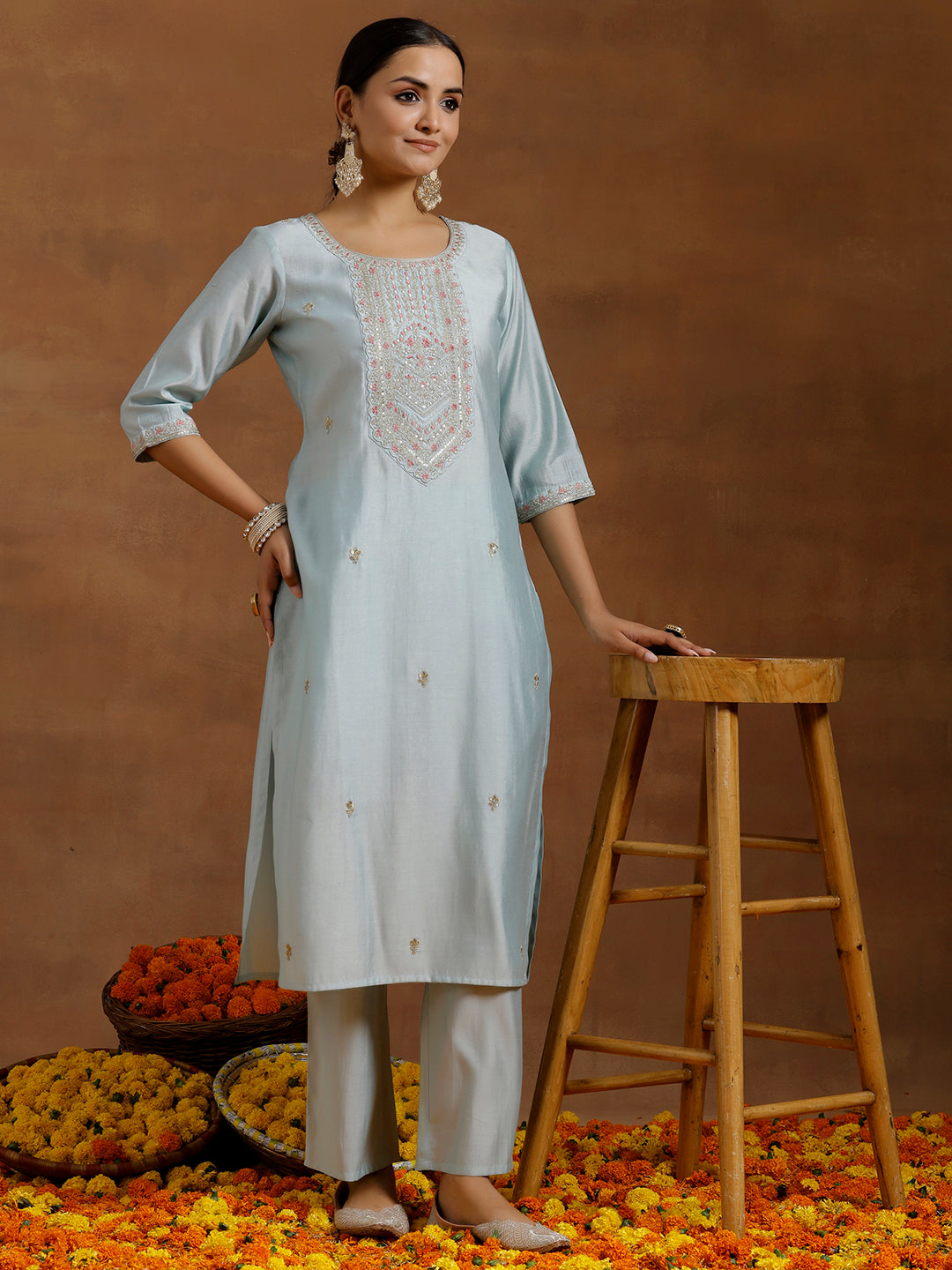 Blue Embroidered Silk Blend Straight Kurta Set