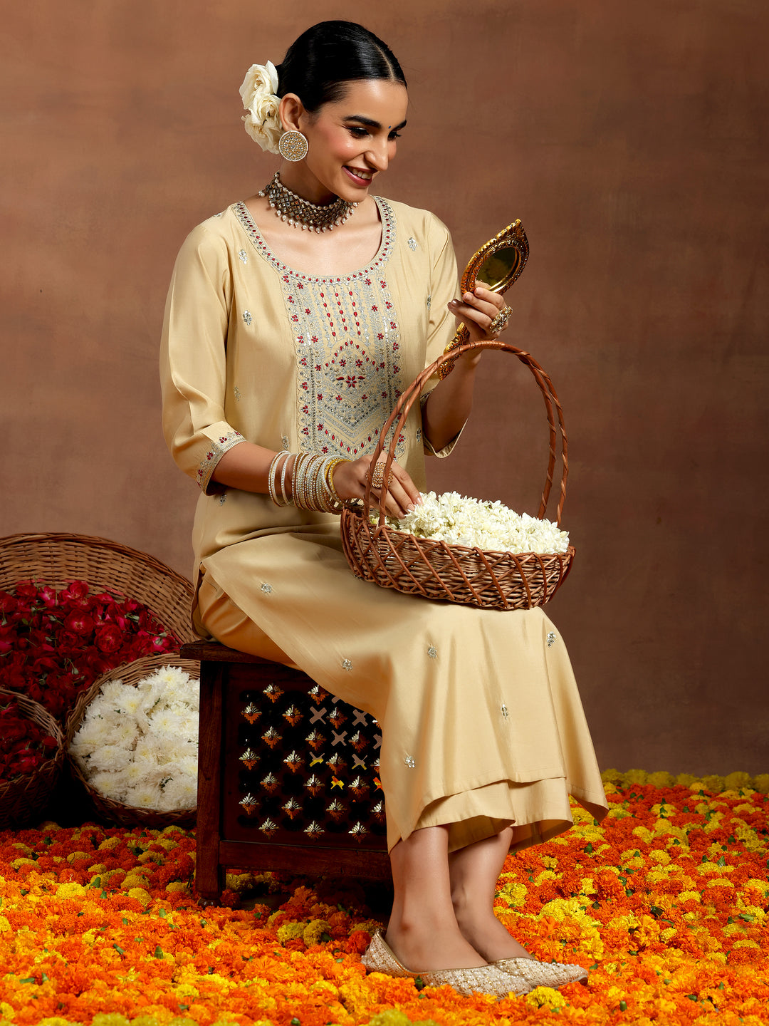 Beige Embroidered Silk Blend Straight Kurta Set