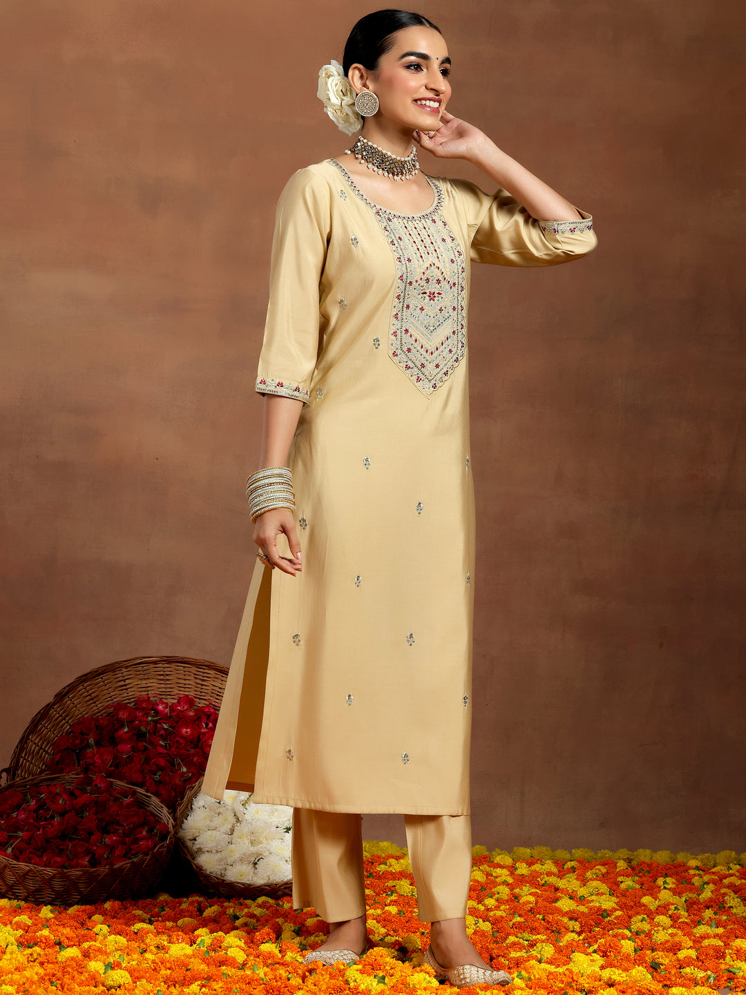  Beige Embroidered Silk Blend Straight Kurta Set 