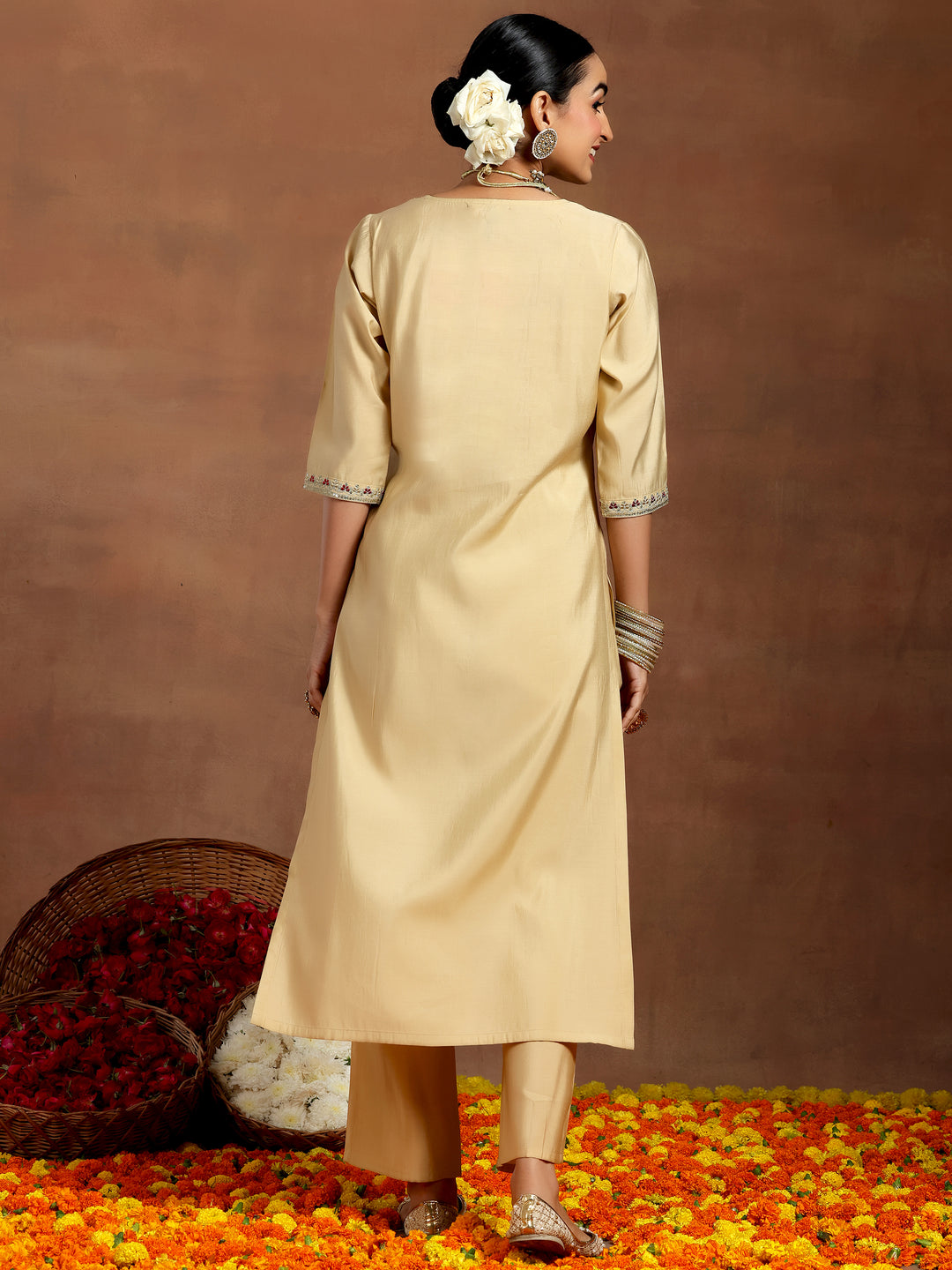  Beige Embroidered Silk Blend Straight Kurta Set 