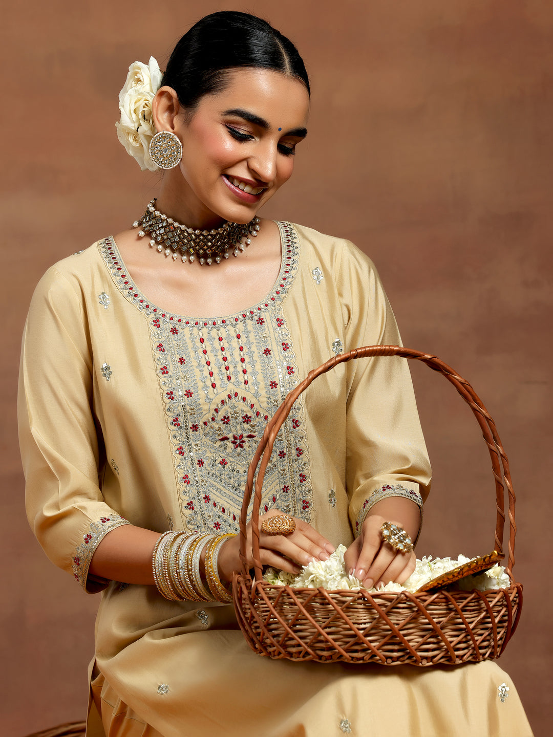  Beige Embroidered Silk Blend Straight Kurta Set 