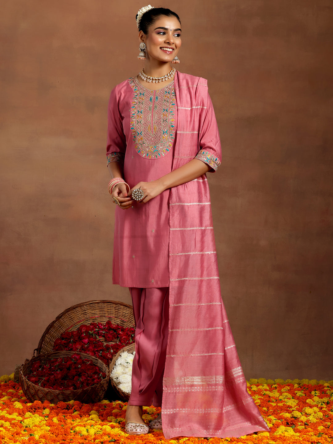  Peach Embroidered Silk Blend Straight Suit With Dupatta 