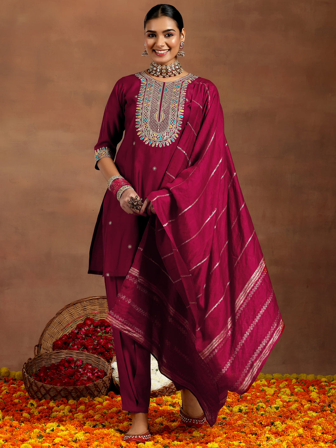  Maroon Embroidered Silk Blend Straight Suit With Dupatta 