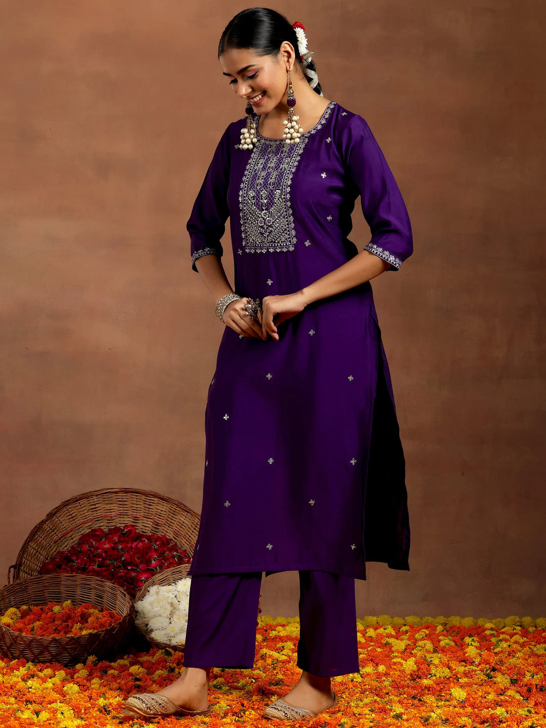  Purple Embroidered Silk Blend Straight Suit With Dupatta 