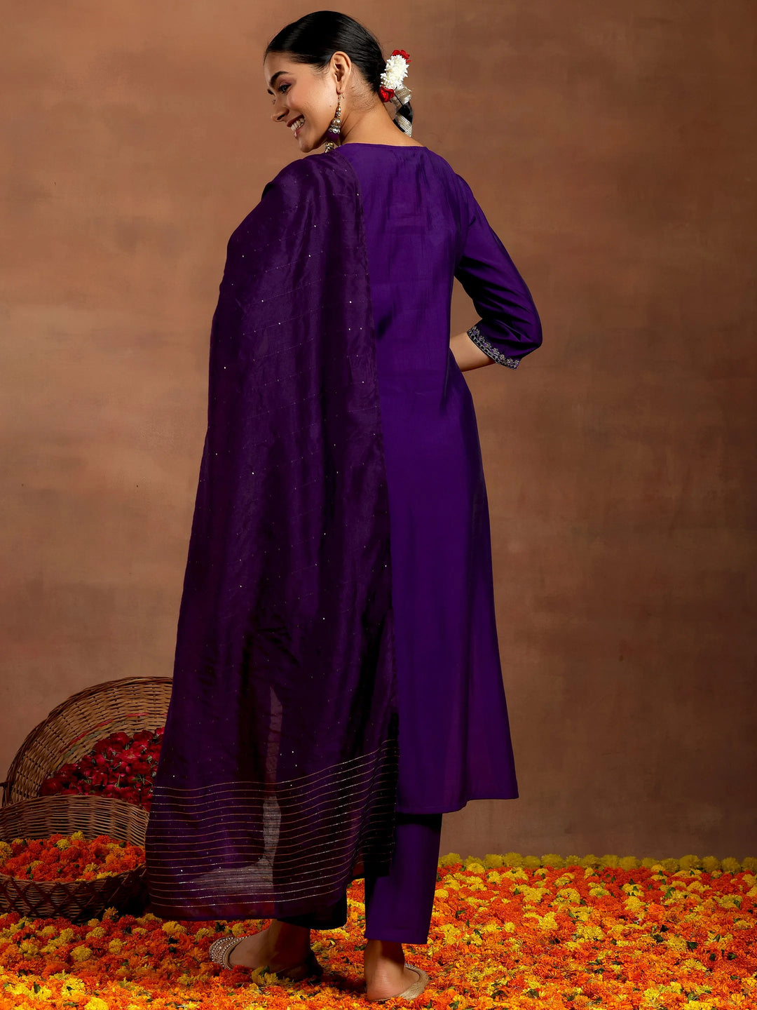  Purple Embroidered Silk Blend Straight Suit With Dupatta 