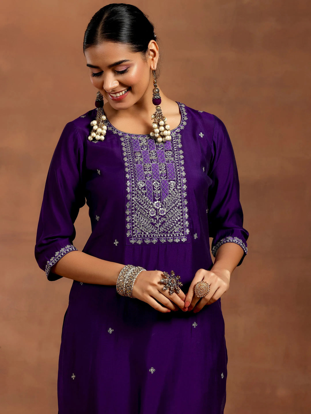  Purple Embroidered Silk Blend Straight Suit With Dupatta 