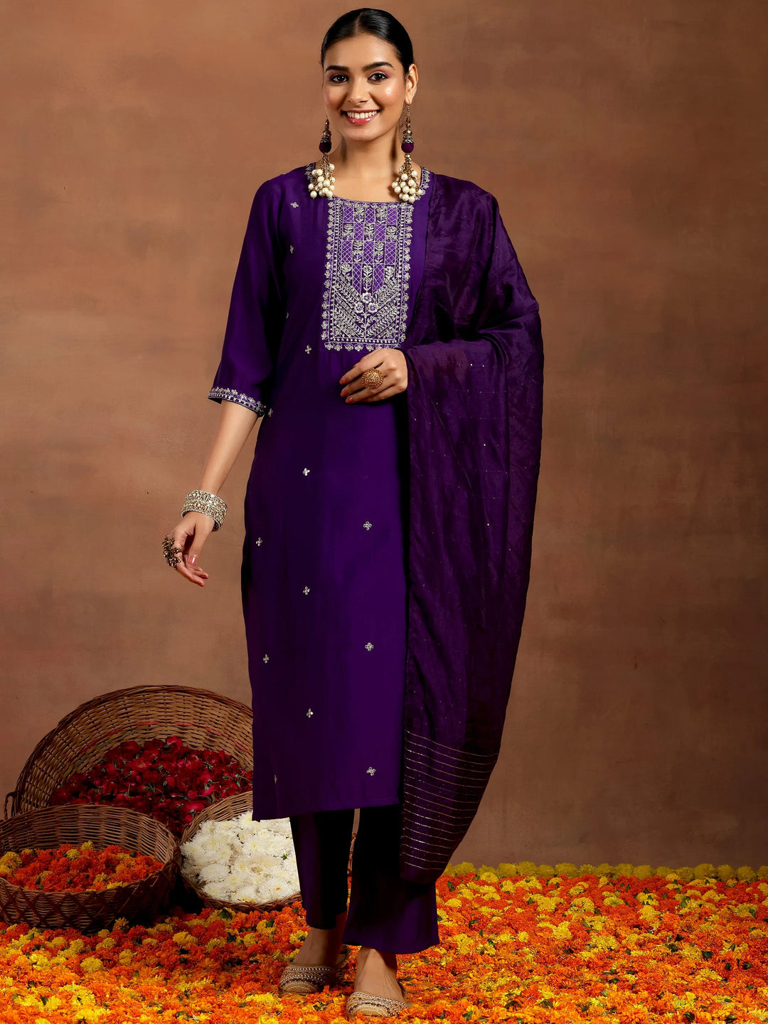  Purple Embroidered Silk Blend Straight Suit With Dupatta 