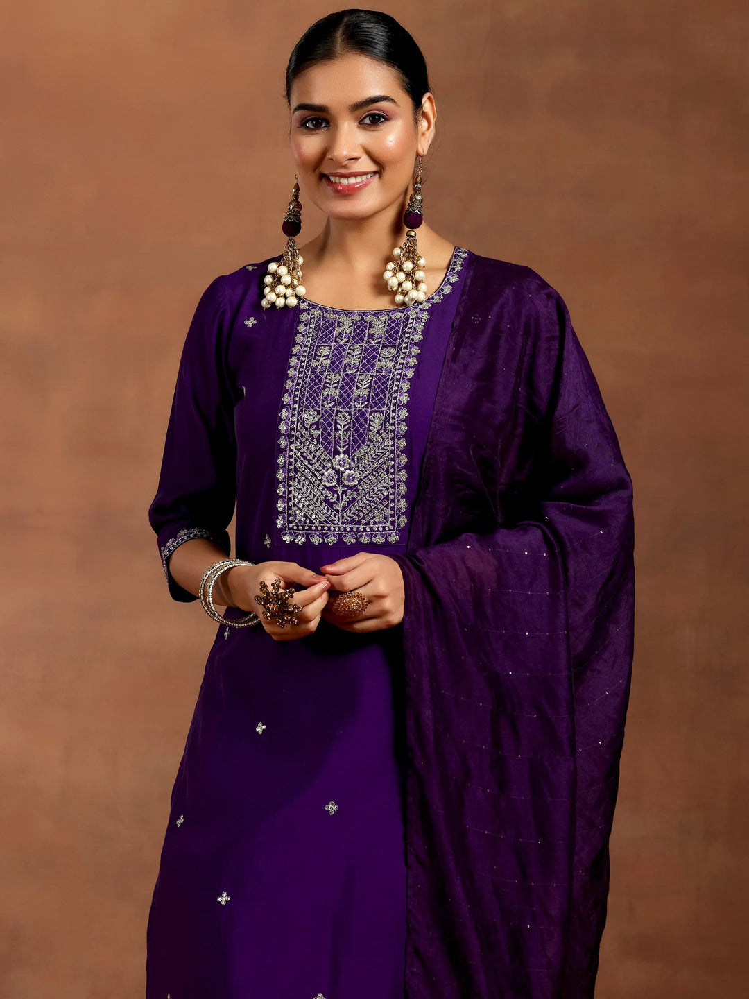  Purple Embroidered Silk Blend Straight Suit With Dupatta 