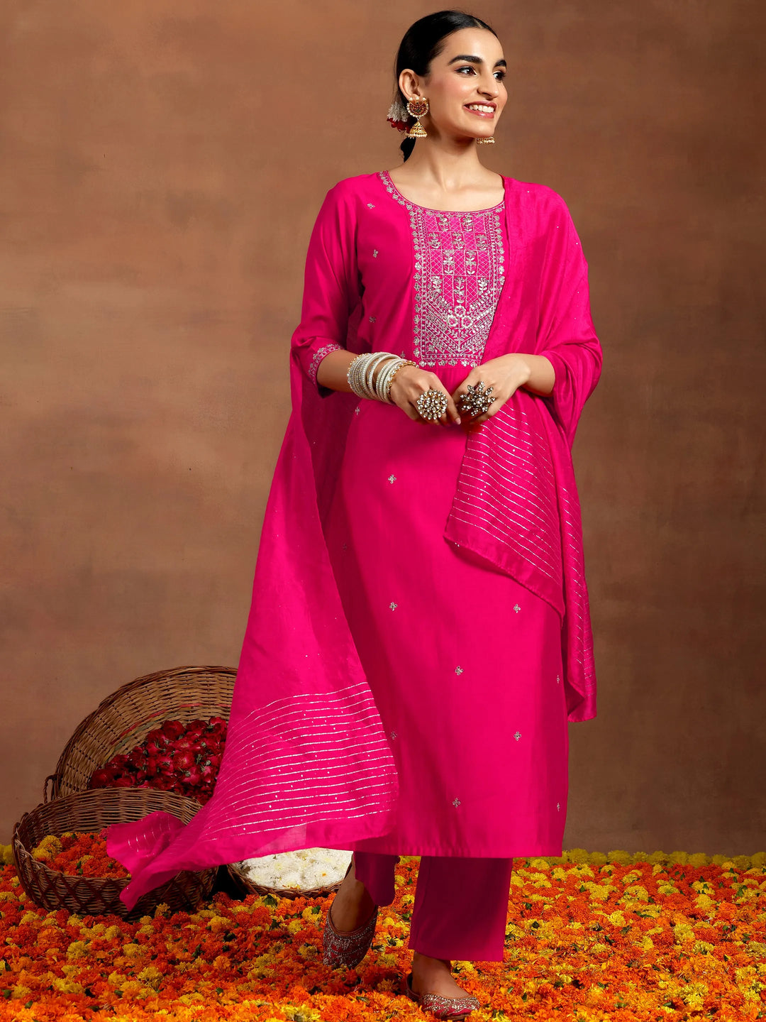  Pink Embroidered Silk Blend Straight Suit With Dupatta 