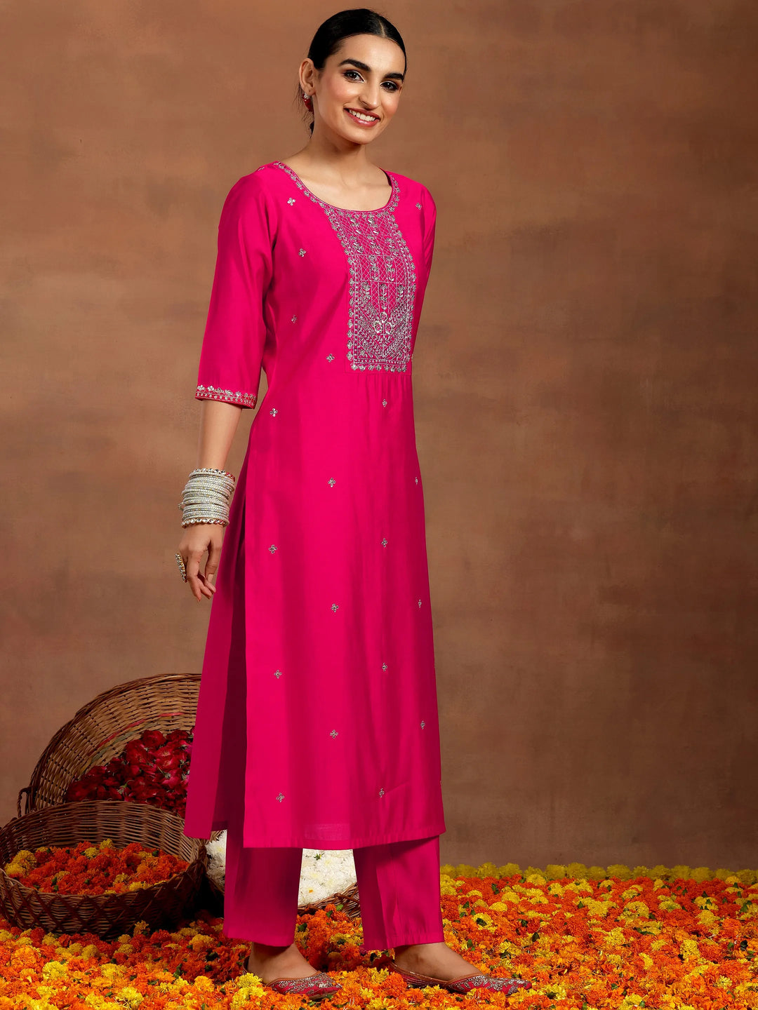  Pink Embroidered Silk Blend Straight Suit With Dupatta 