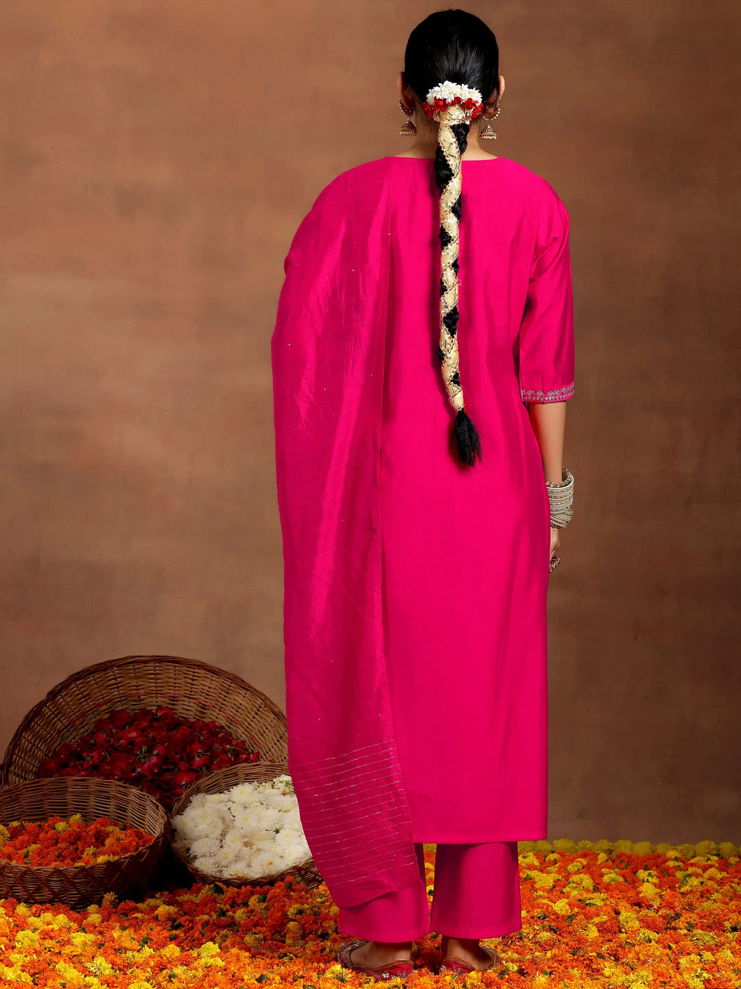  Pink Embroidered Silk Blend Straight Suit With Dupatta 