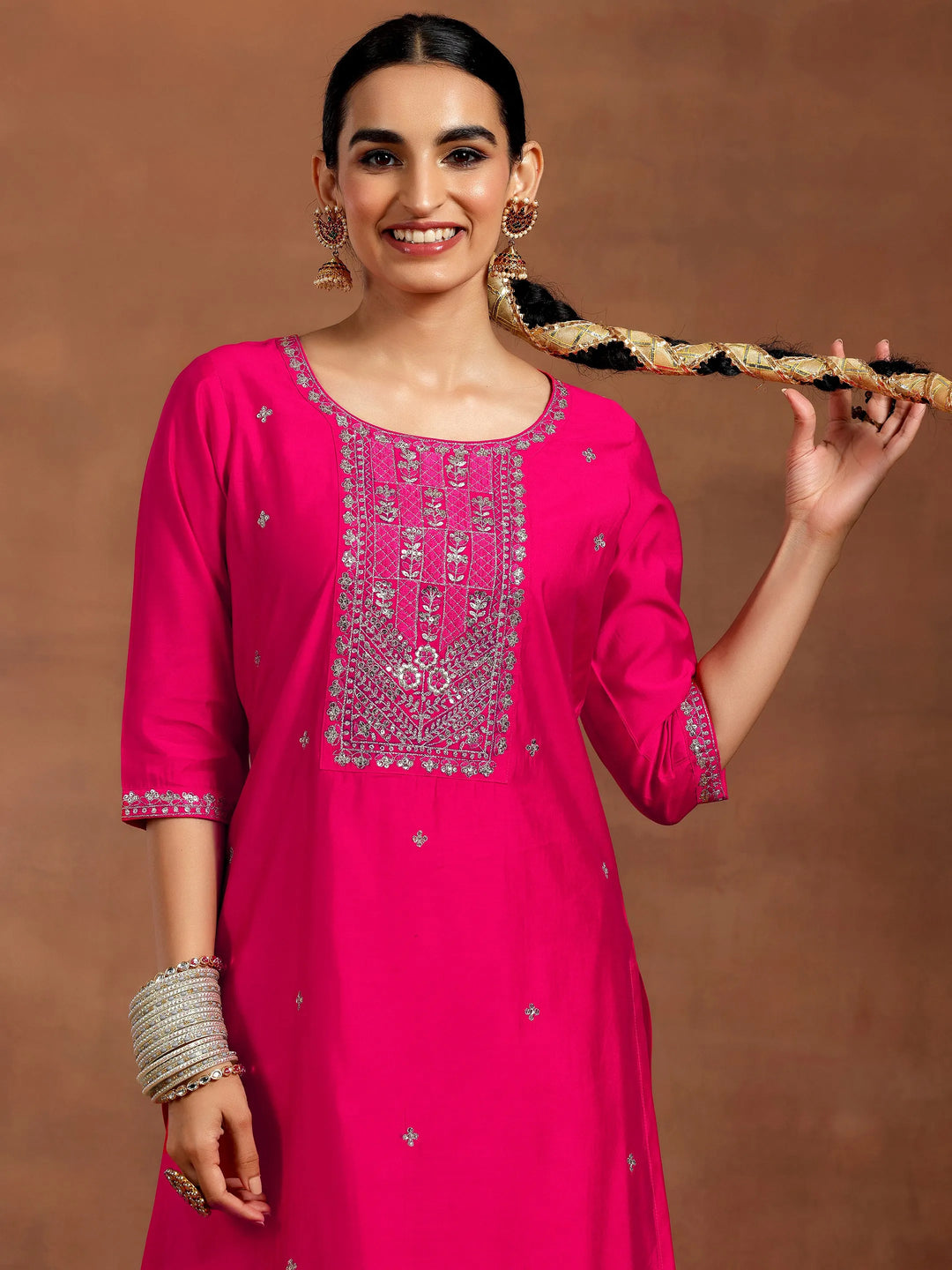  Pink Embroidered Silk Blend Straight Suit With Dupatta 