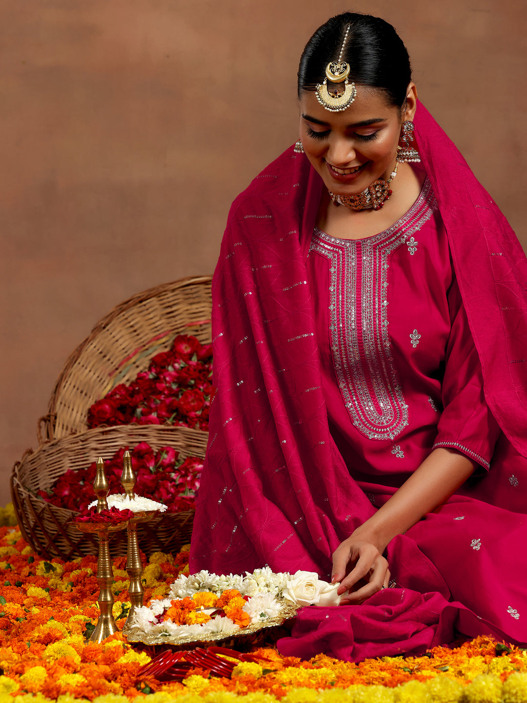 Pink Embroidered Silk Blend Straight Suit With Dupatta