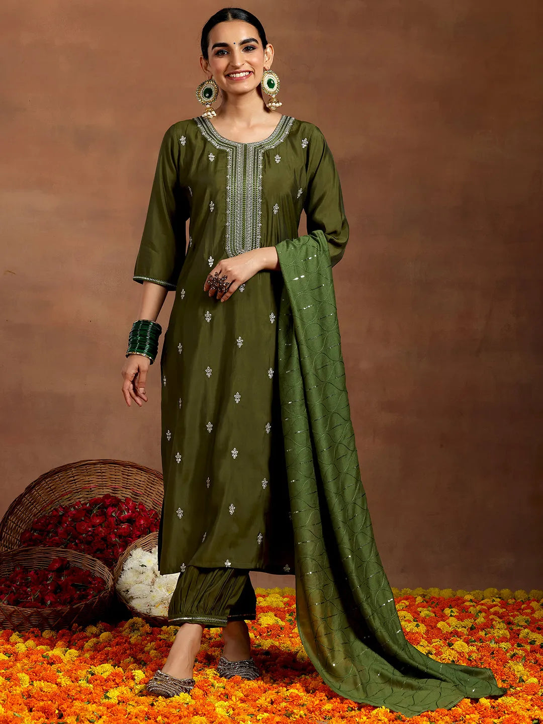 Olive Embroidered Silk Blend Straight Suit With Dupatta