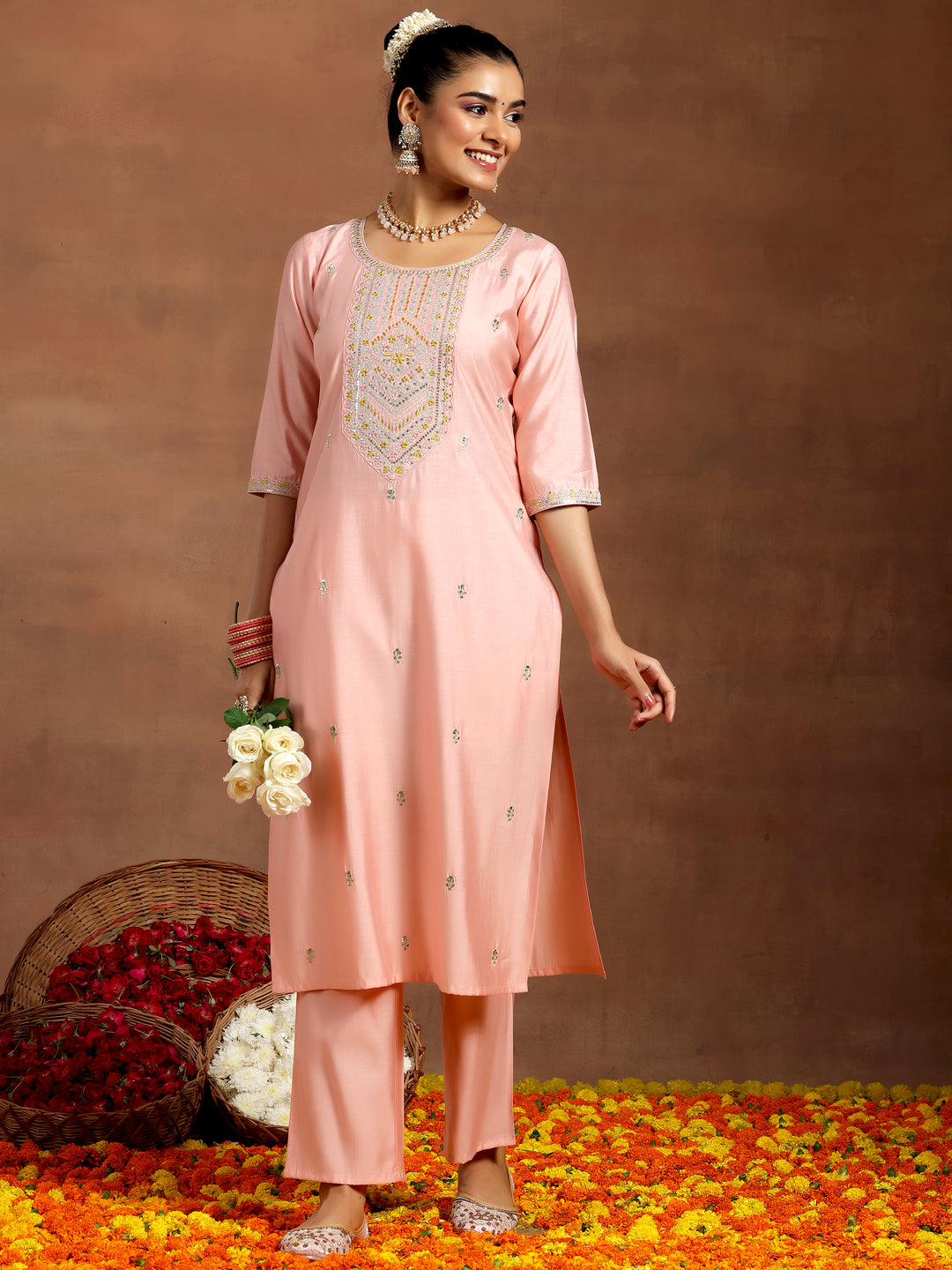  Peach Embroidered Silk Blend Straight Kurta Set 