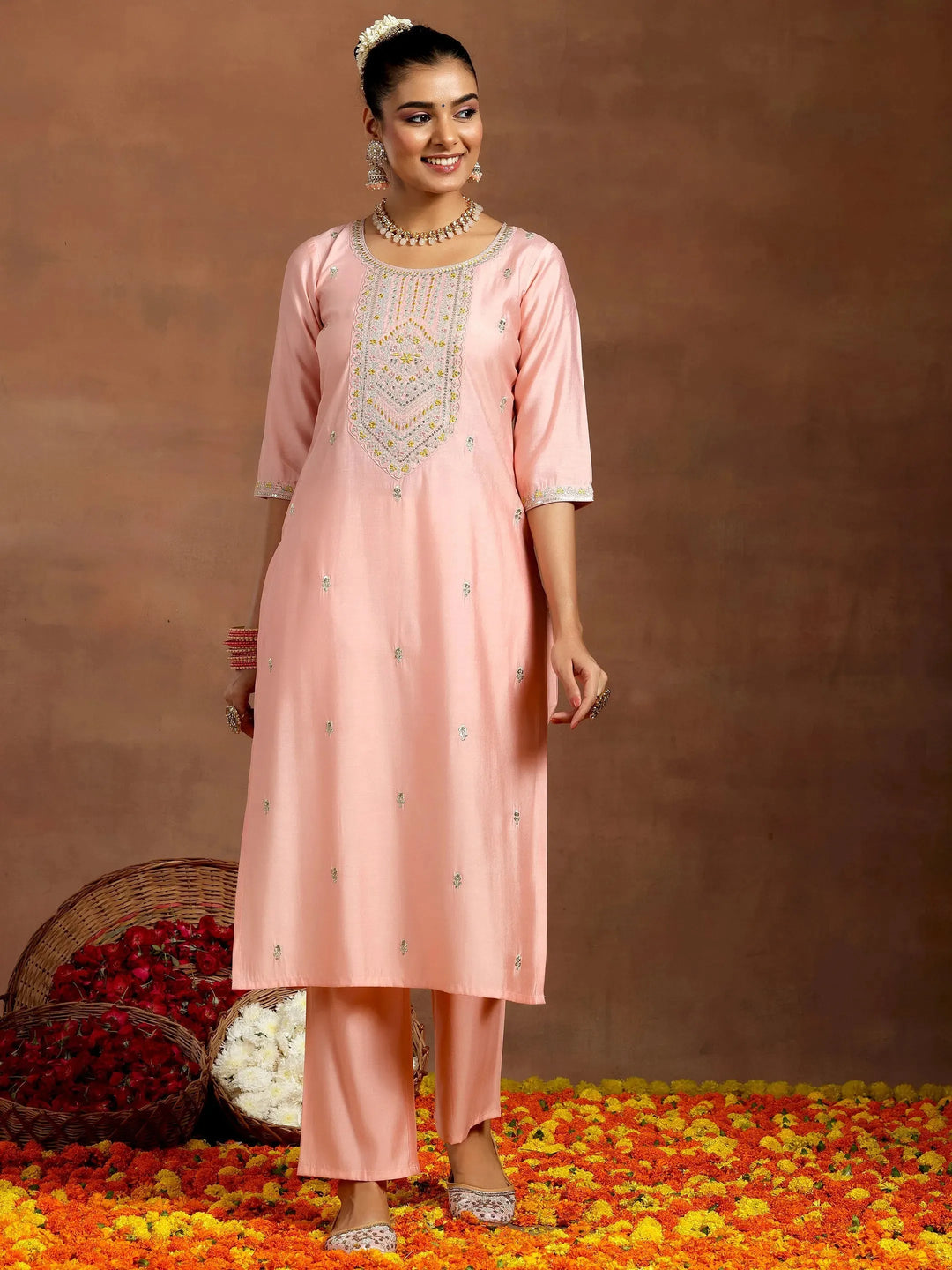  Peach Embroidered Silk Blend Straight Kurta Set 