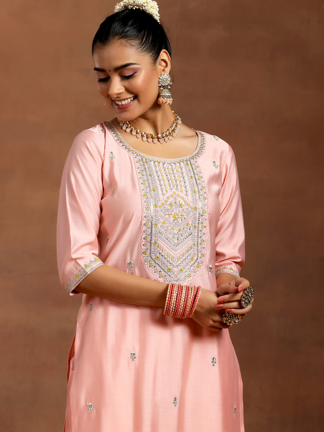  Peach Embroidered Silk Blend Straight Kurta Set 