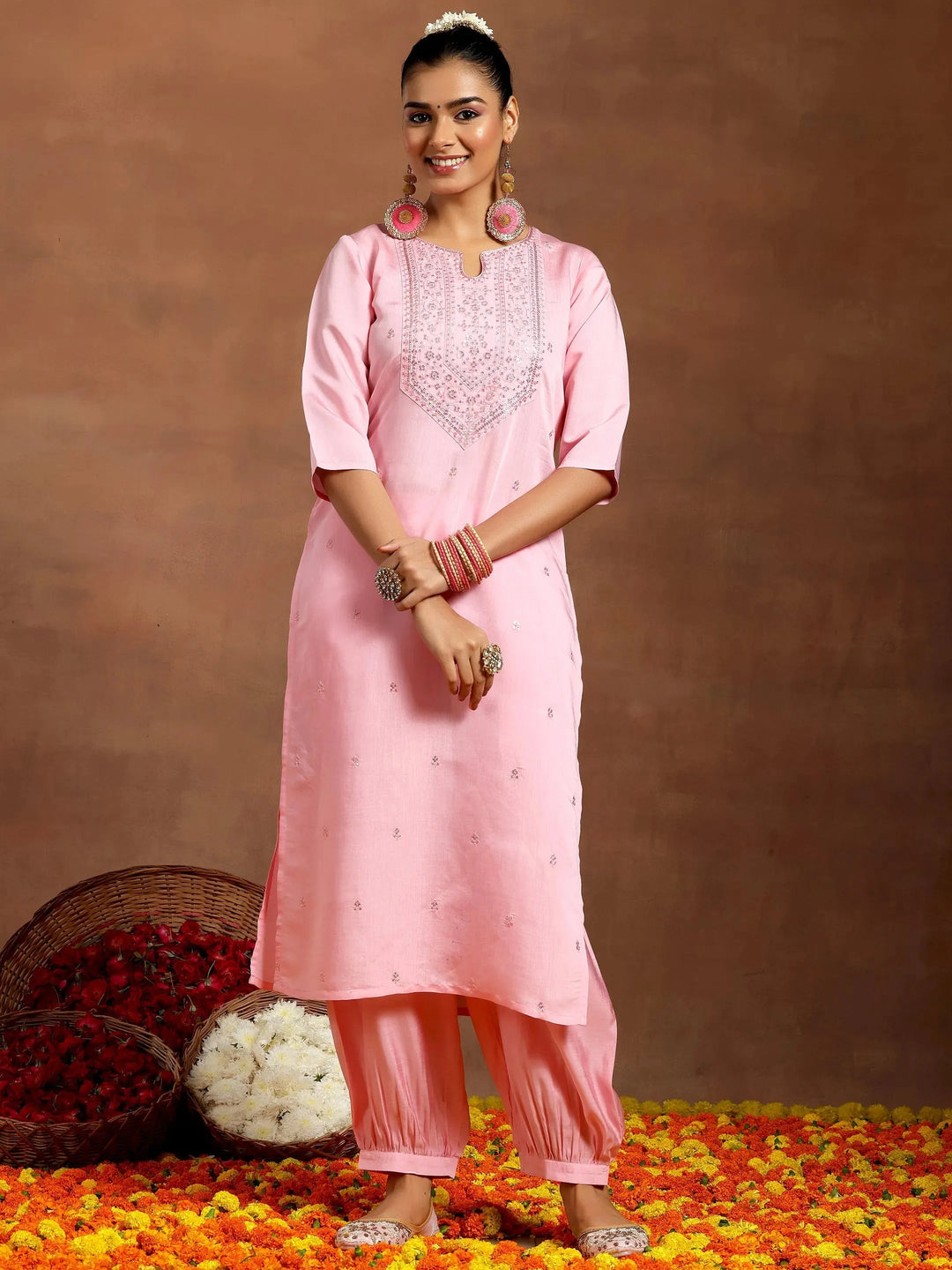  Pink Embroidered Silk Blend Straight Kurta Set 