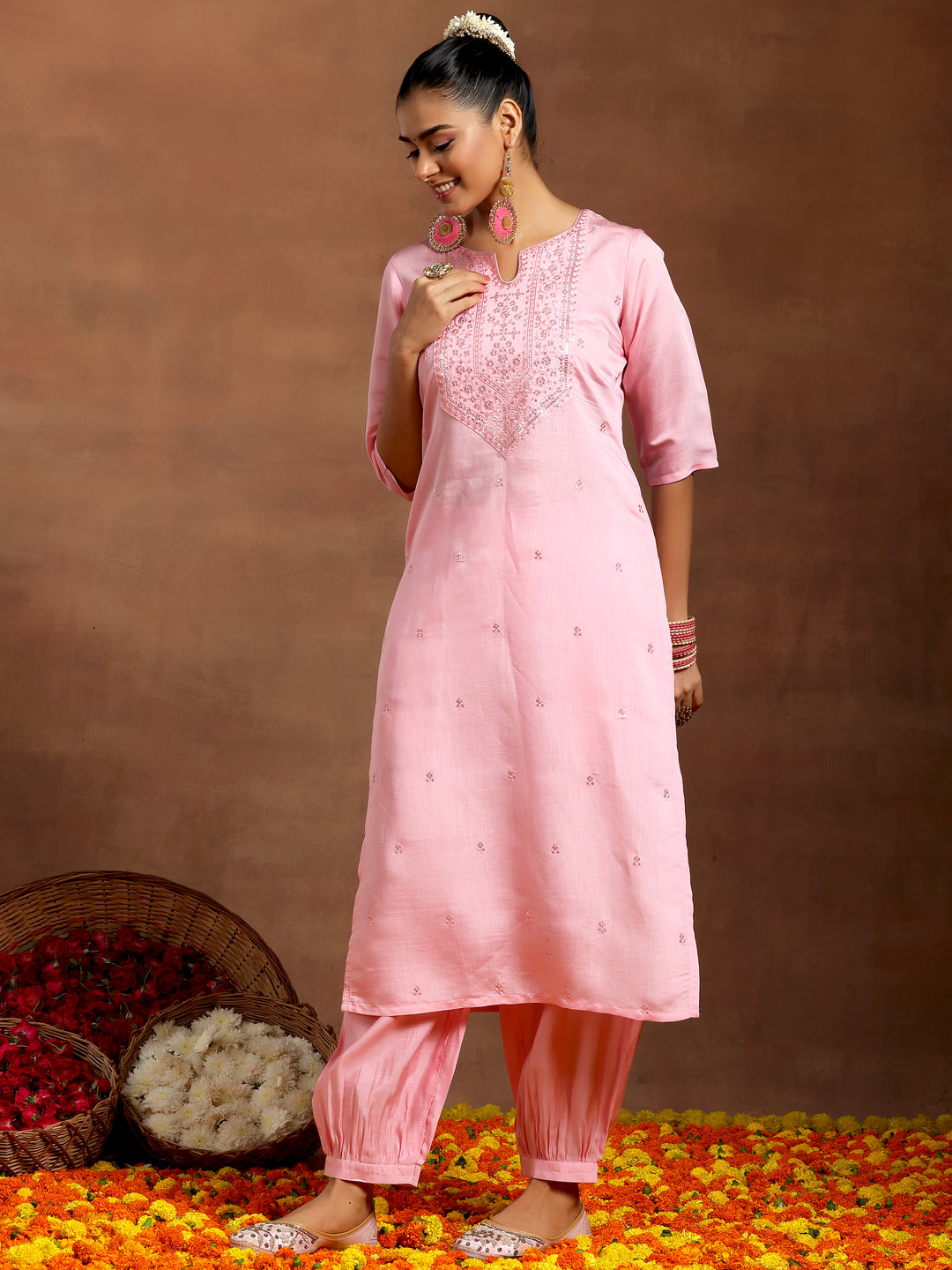 Pink Embroidered Silk Blend Straight Kurta Set