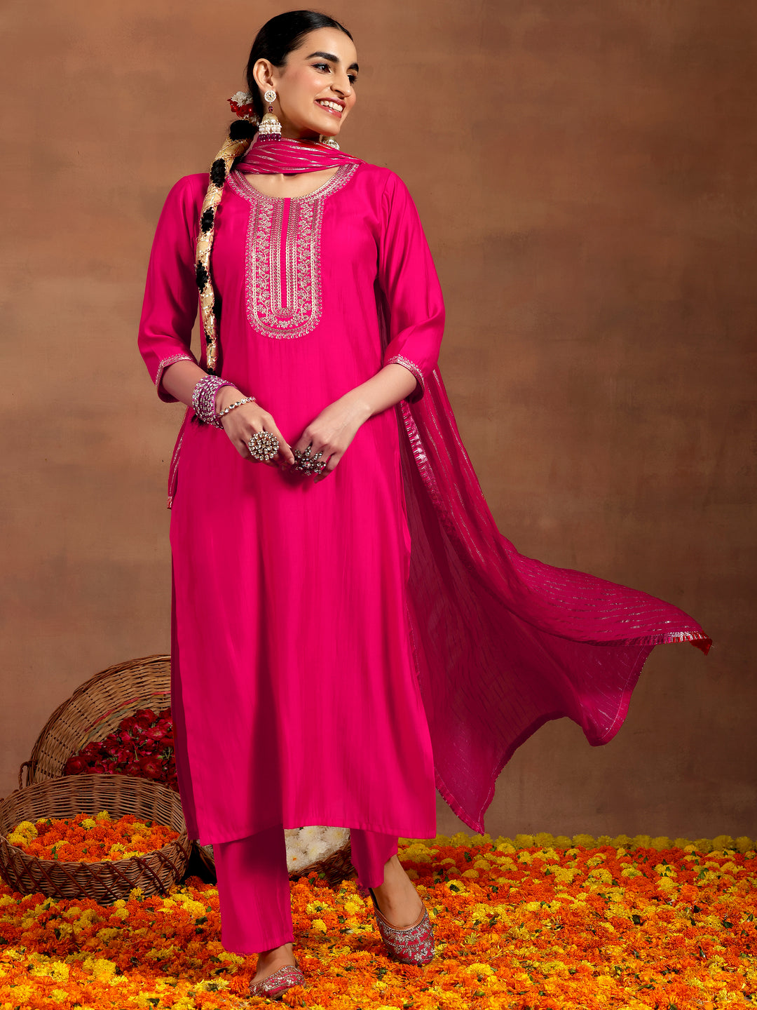 Pink Yoke Design Silk Blend Straight Suit With Dupatta